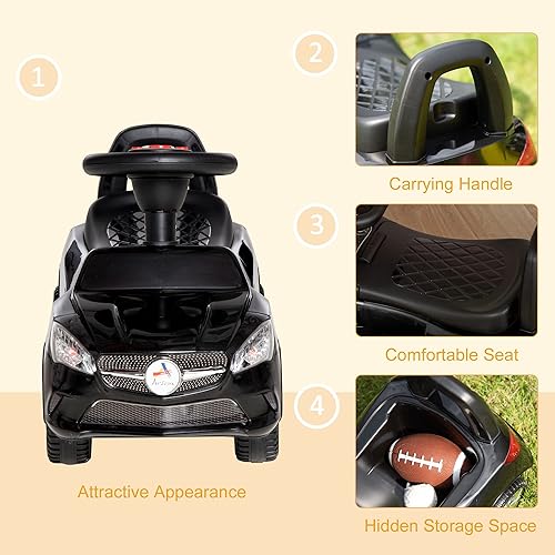 Miniatura 7 de Aosom Automóvil de juguete deslizante para niños con bocina de trabajo música faros delanteros y almacenamiento color negro