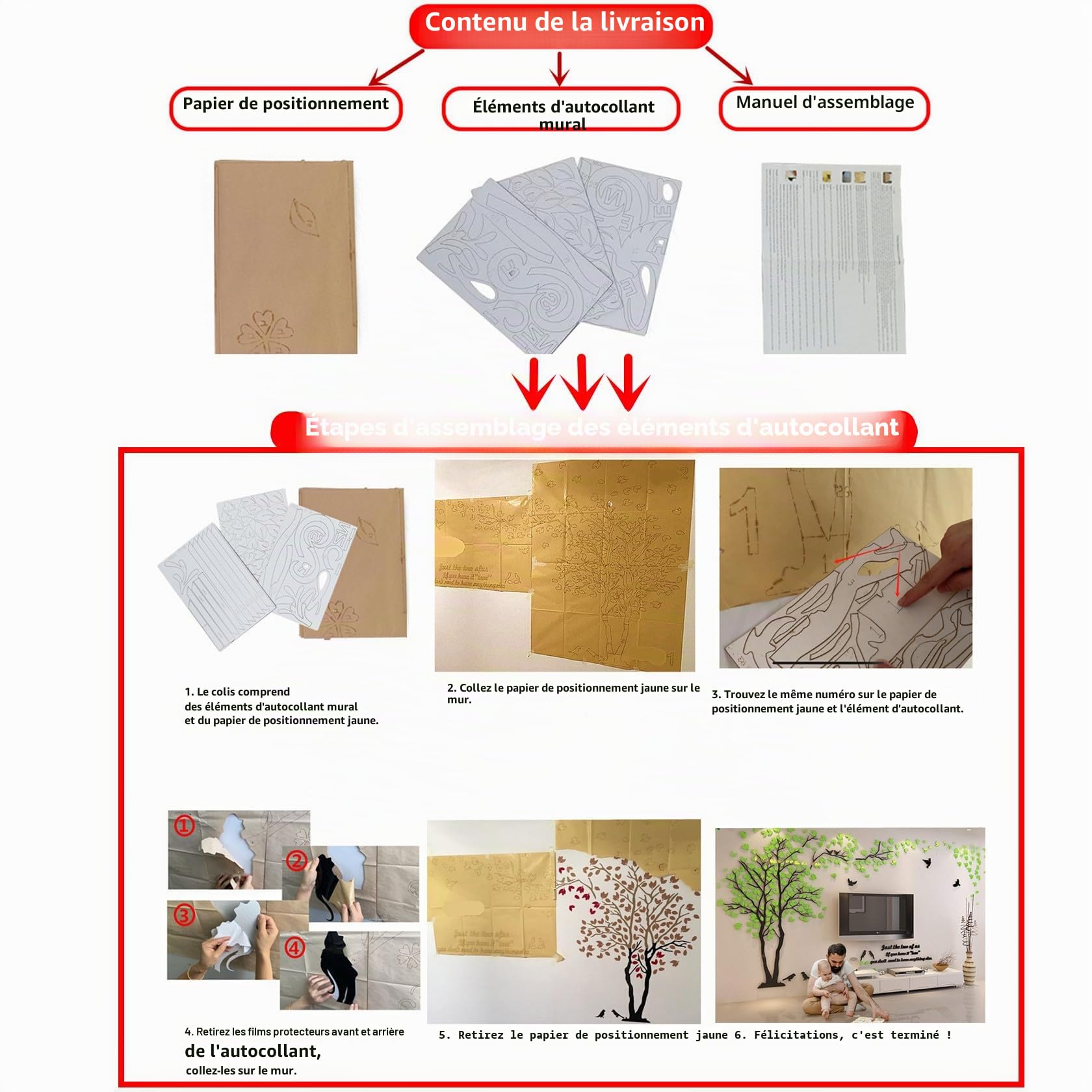 Stickers Muraux Arbre - Stickers 3D DIY Mural Autocollants Arts Décoration de la Maison pour le Salon Chambre Sticker (Rouge Droite,XL-400 * 200cm)