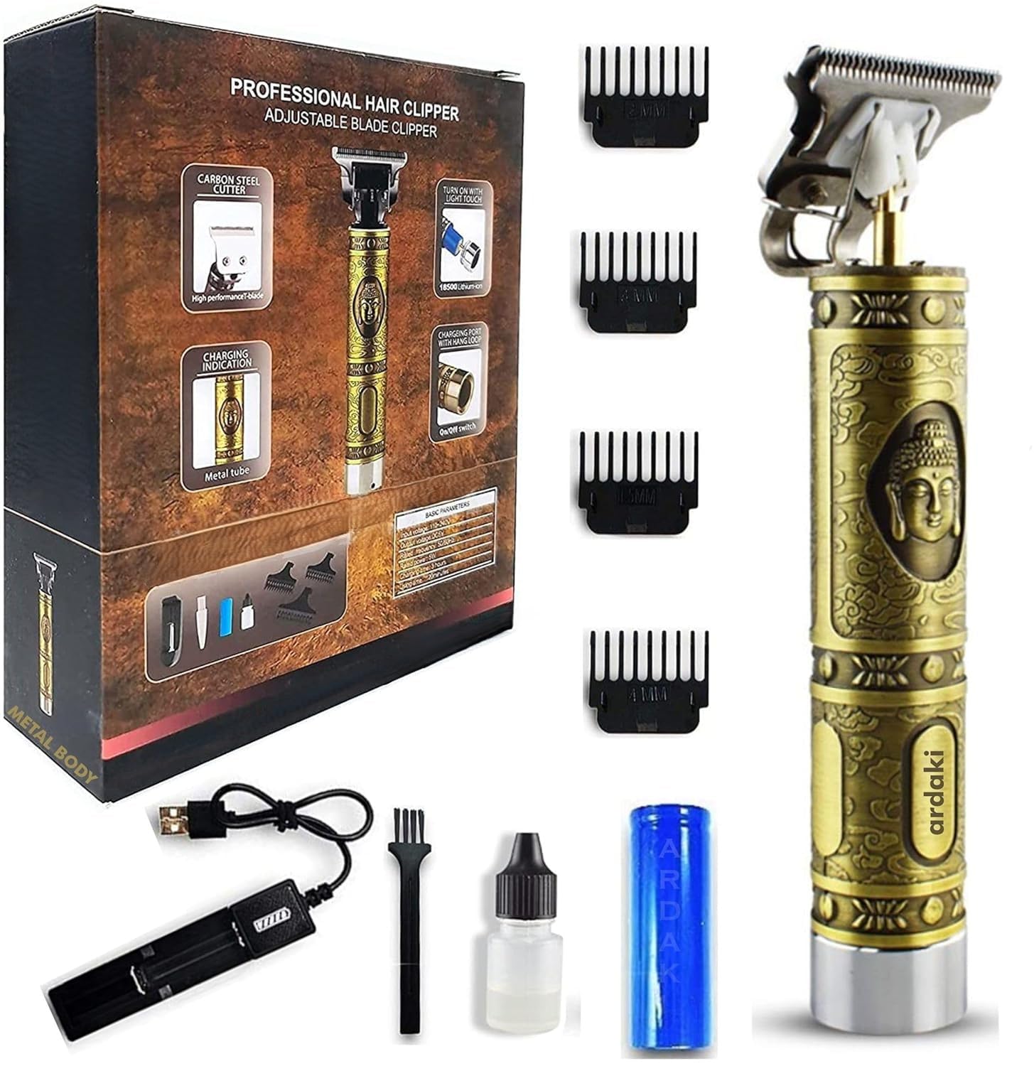 B W Professional Hair Trimmer, Cordless Adjustable Blade Trimmer, Gold Metal Body, USB Charging, 4 Guide Combs-image-44