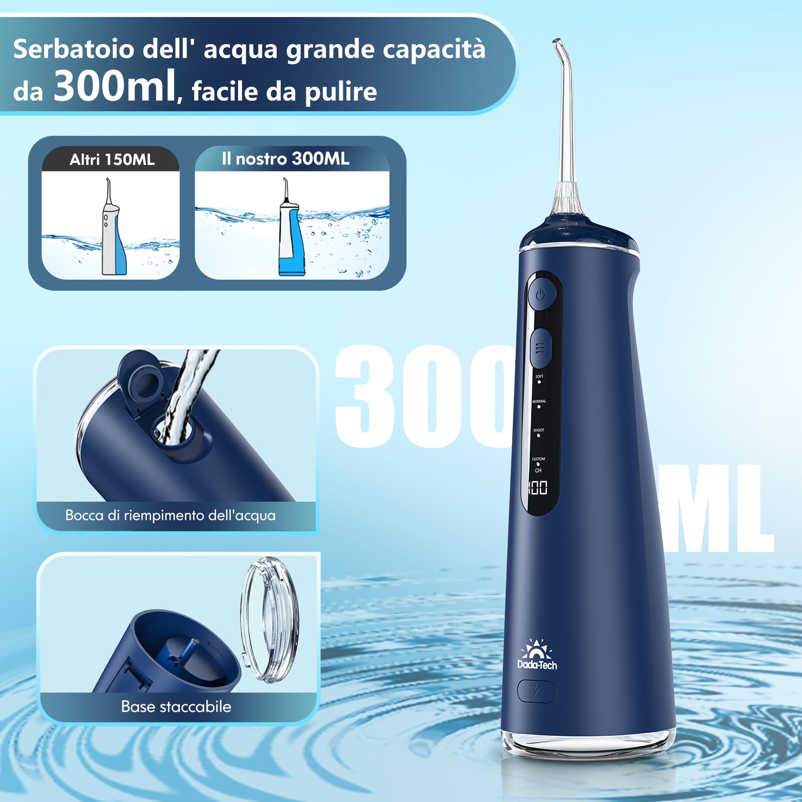 Idropulsore Dentale Portatile, Water Flosser Irrigatore Dentale Professionale con 4 Modalità & 8 Livelli Regolabili 7 Ugelli e Serbatoio da 300ML Idrogetto Orale per Pulizia Denti (Blu)