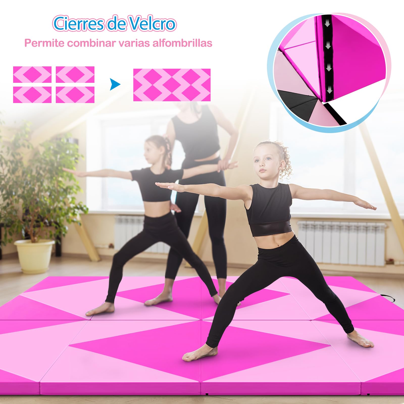 GOPLUS Colchoneta de Gimnasia Plegable, 240x117x5cm, Esterilla de Entrenamiento de Cuero Artificial con Asas de Transporte, Alfombra de Suelo para Fitness Yoga (Rosa + Purpúreo)