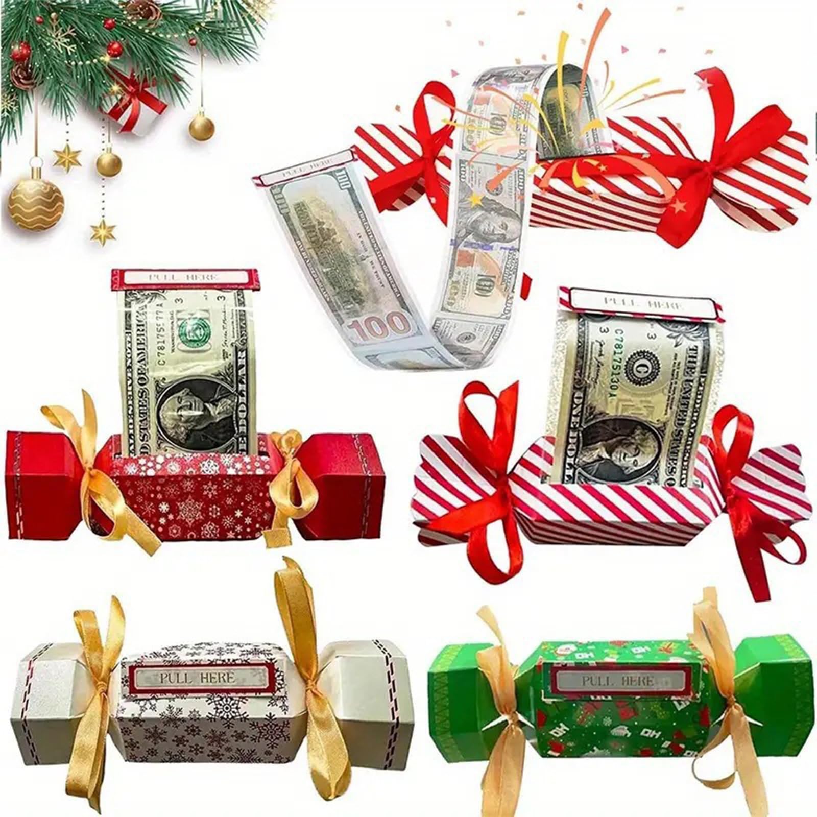 Zenova 4PCS Christmas Money Box Cash Gift Pull, Funny Christmas Money Cracker, Contemporary DIY Cash Pulling Gift Boxes for Kids & Adults, Red/White/Green/Stripes