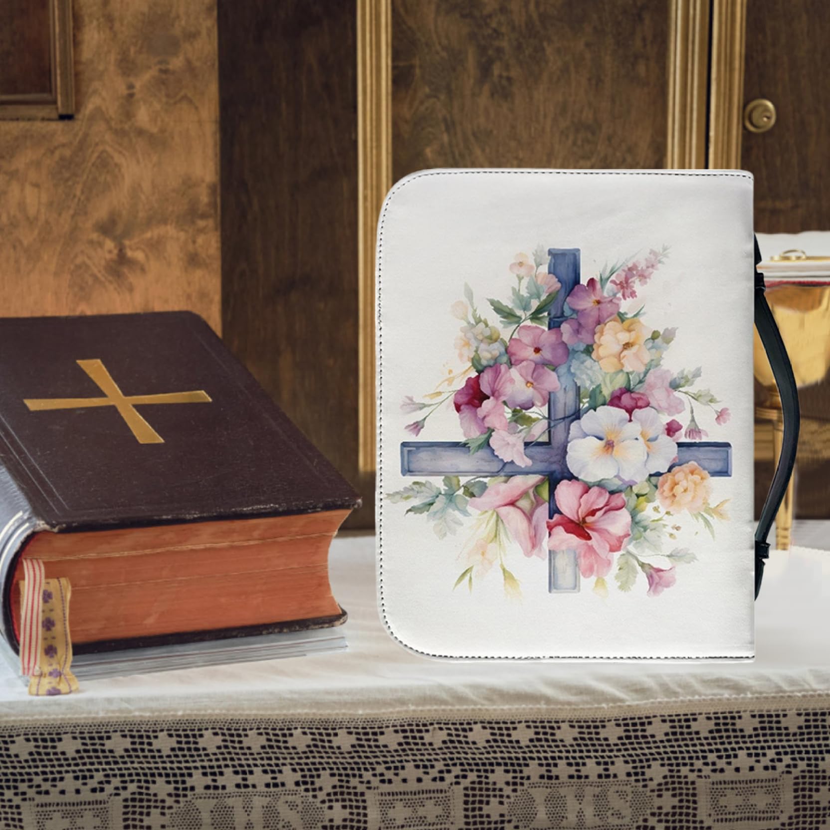 Cubierta bíblica, Floral con Tapa de la Biblia con Estampado Cruzado con Mango PU Cuero con Cremallera Biblia Biblia Impermeable Estuche de Transporte de Biblia Vintage