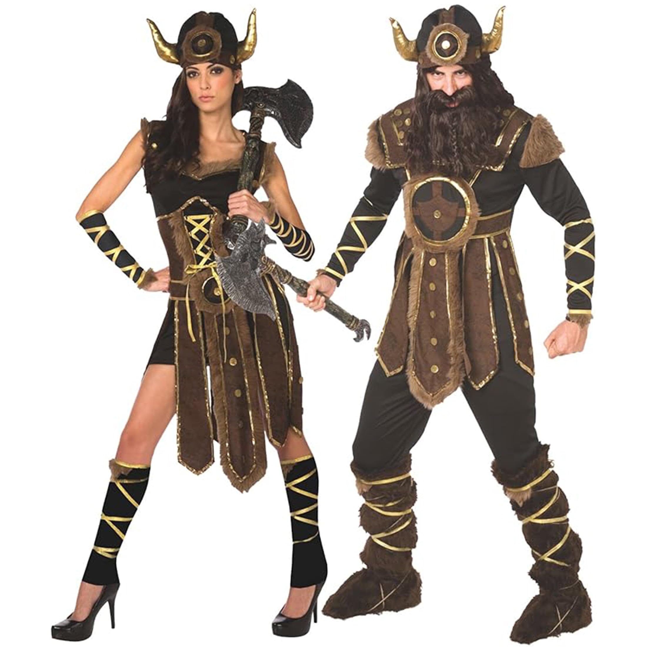 Morph Deguisement Viking Femme, Costume Nordique Halloween Femme | Robe Marron, Chapeau à Cornes, Brassards & Jambières, Look Nordique, Parfait pour Halloween, Idéal pour se Déguiser