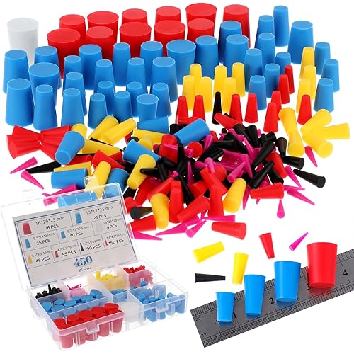 450 Pcs Rubber Plugs 8-Sizes Silicone Tapered Plug Kit 1/15" to 1" High Temp Stoppers for Coating, Hole, Painting Protection Silicone Stopper