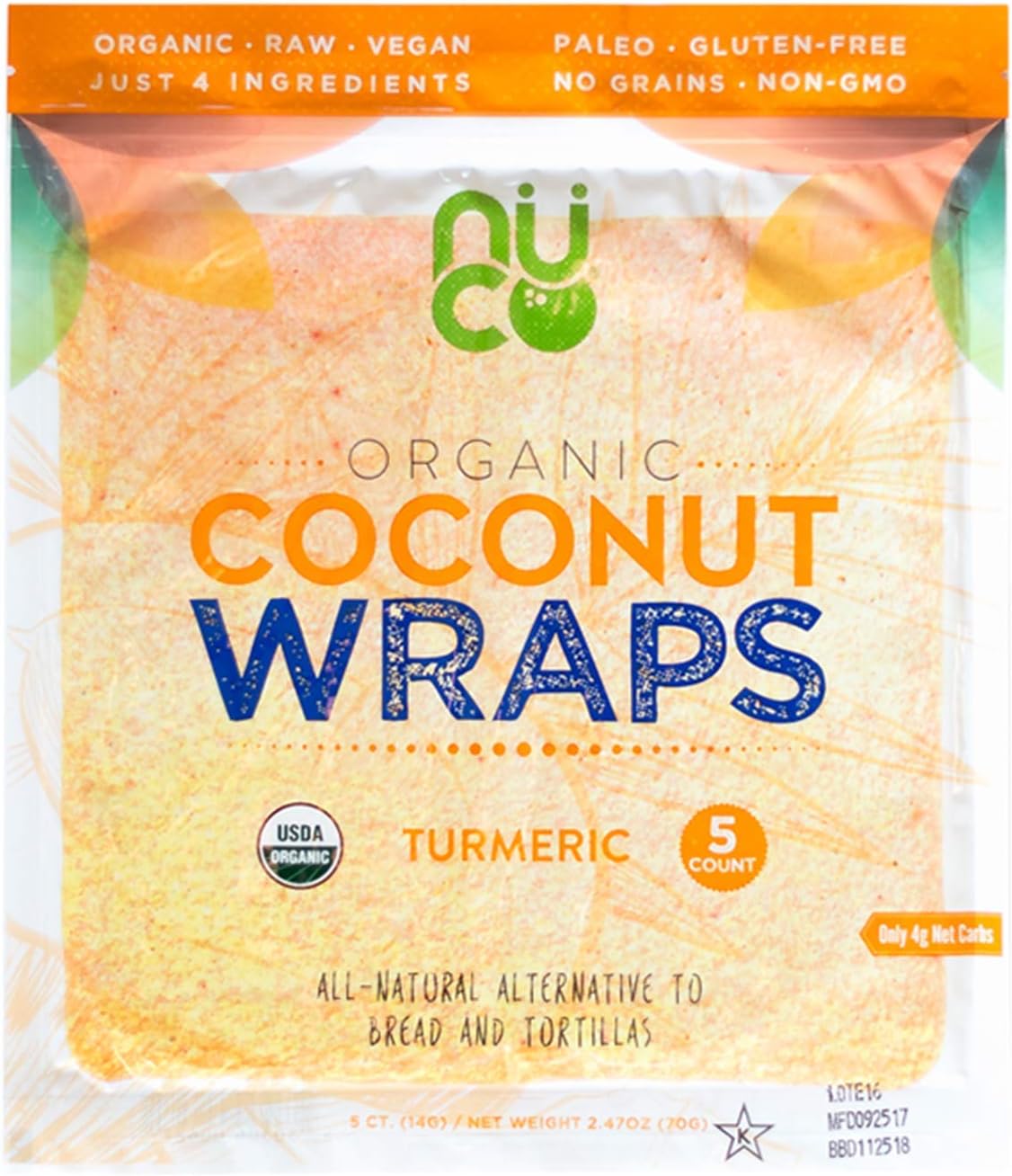 Certified Organic Paleo Gluten Free Vegan Turmeric Coconut Wraps (One Pack of Five)