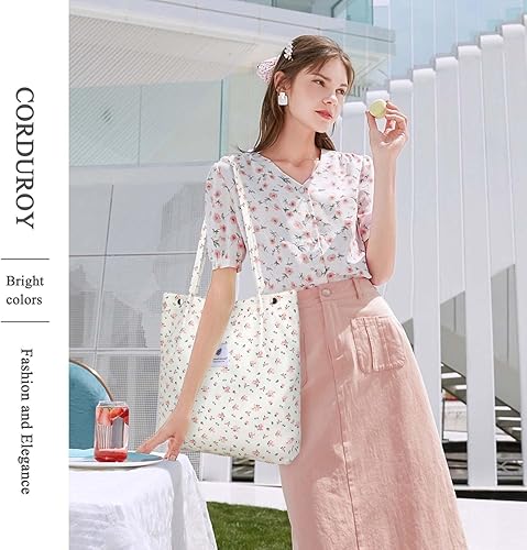 Vista 262 de Tote - Bolsa de hombro reutilizable de pana de gran capacidad con bolsillos interiores para mujeres y niñas Rayas