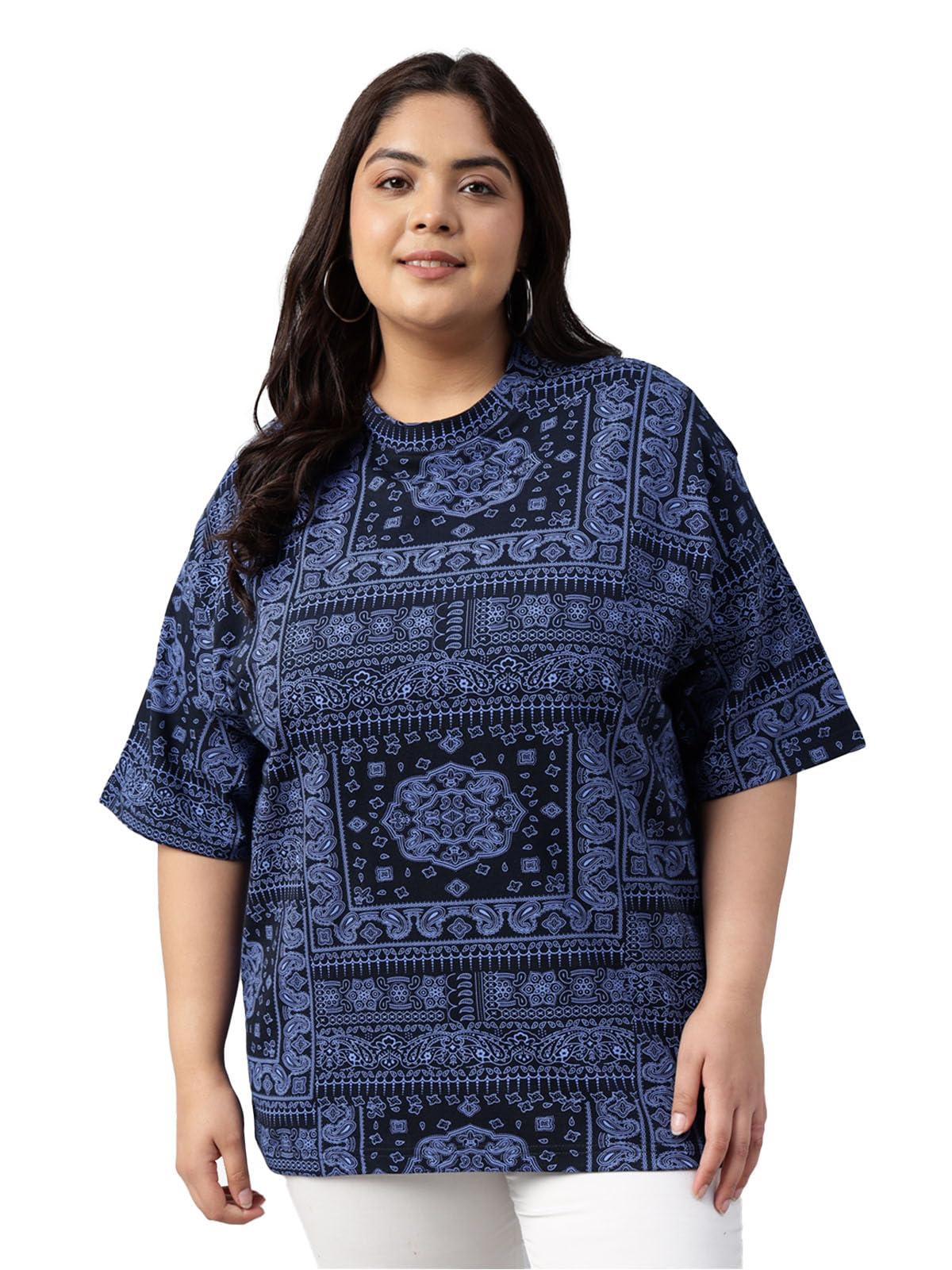 100% Pure Cotton Oversized Baggy Fit Stylish Paisley Bandana Print Half Sleeve Plus Size T-Shirt for Women & Girls (Sizes: 2XL to 5XL)