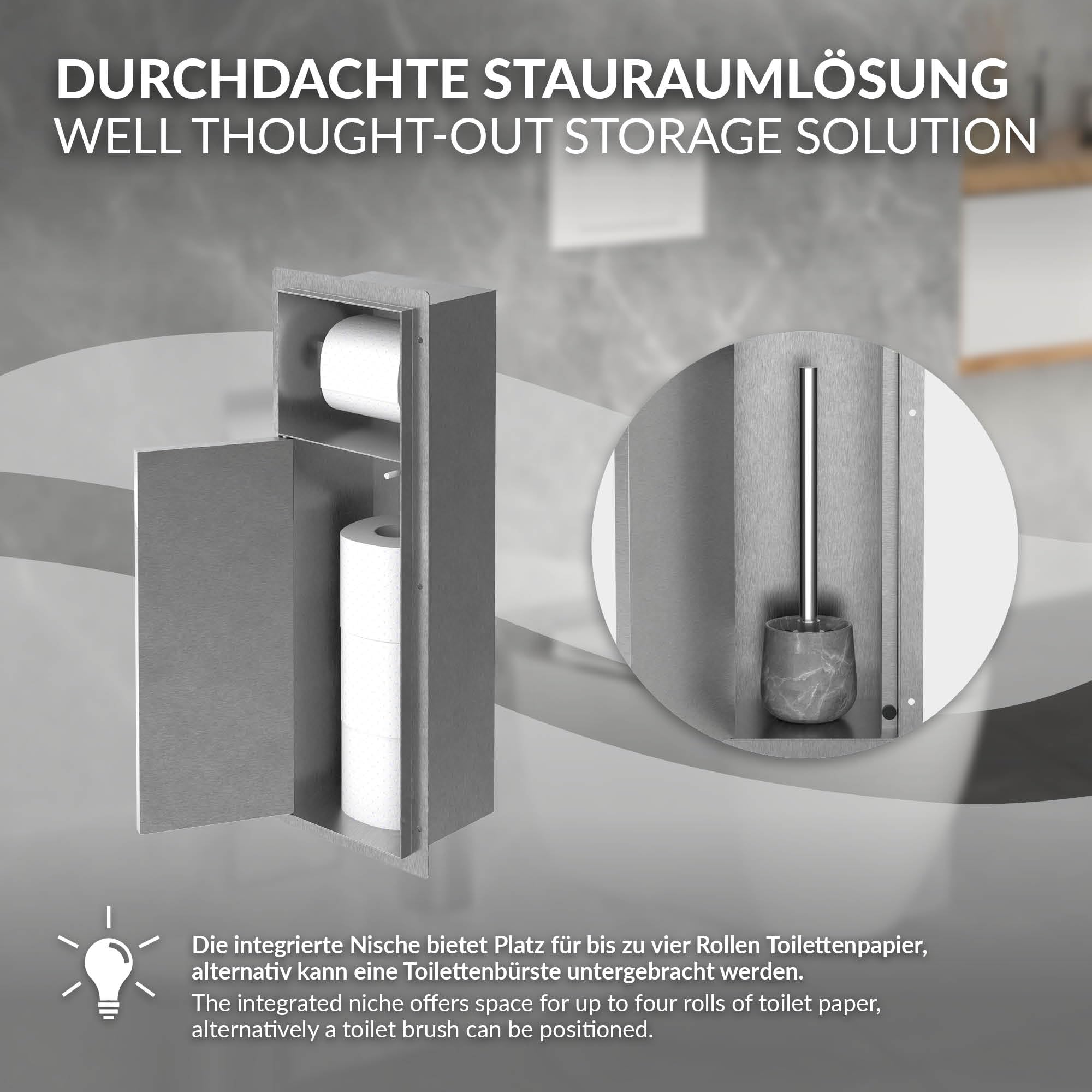 LuxeBath Niche Module Encastré, 60 x 20 x 14 cm, en Acier Argenté, Espace de Rangement à Papier Hygiénique et Porte-Brosses Salle de Bain, avec Support de Rouleau Ouvert, Armoire Murale à Carreler WC