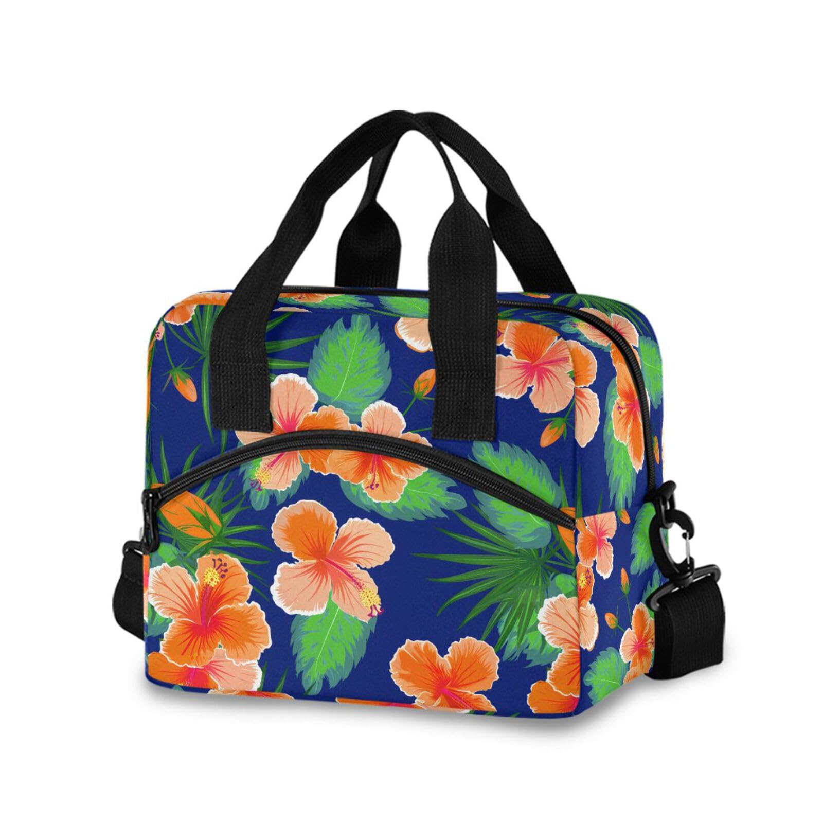 Sinestour Insulated Lunch Bag Reusable Cooler Orange Hibiscus Palm Leaves Lunch Box Adjustable Shoulder Strap for Adults School Office