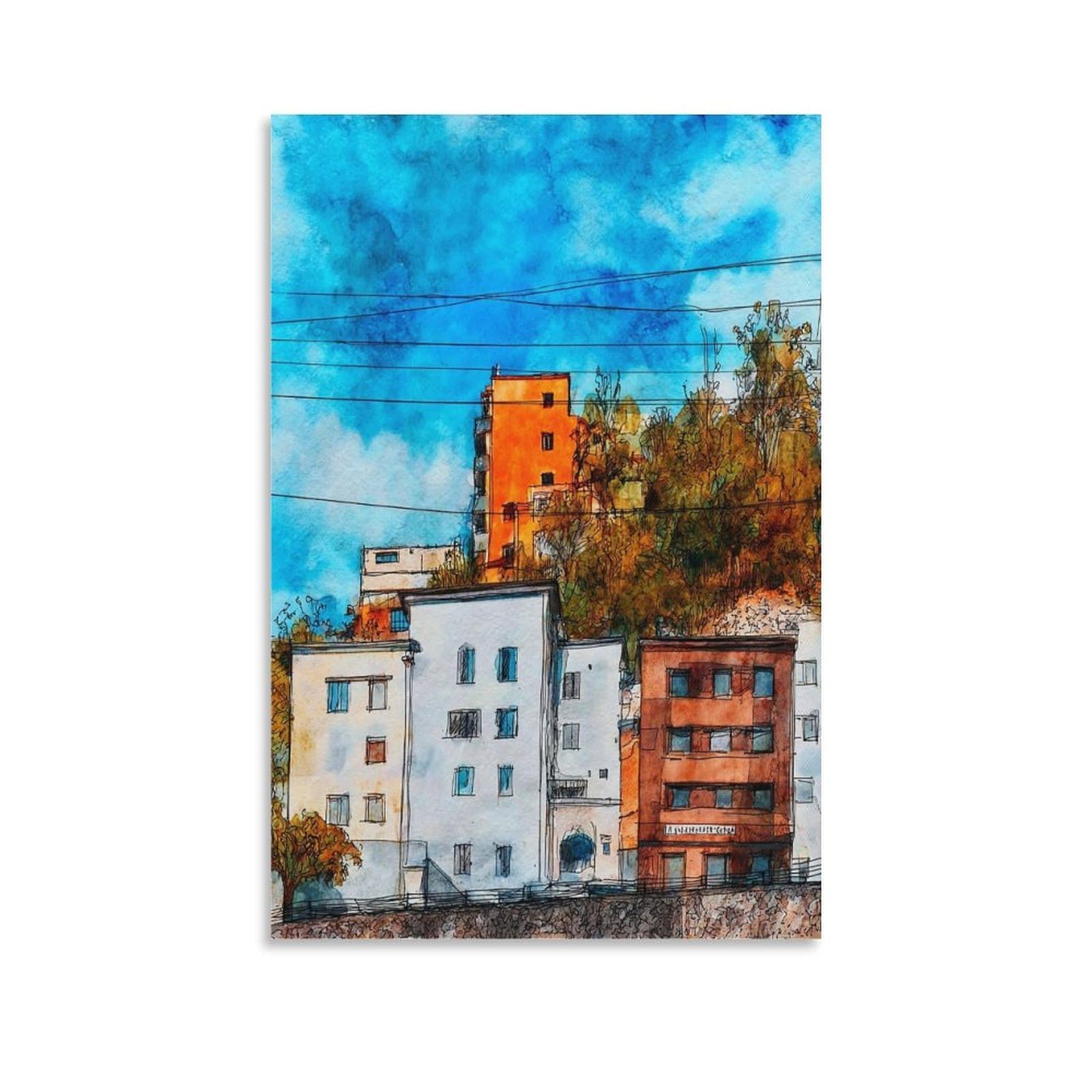 Lcynnh Unframe-Style Salzburg Austria Austria 08X12inch(20X30cm) Vintage Travel Poster Watercolor Canvas Art