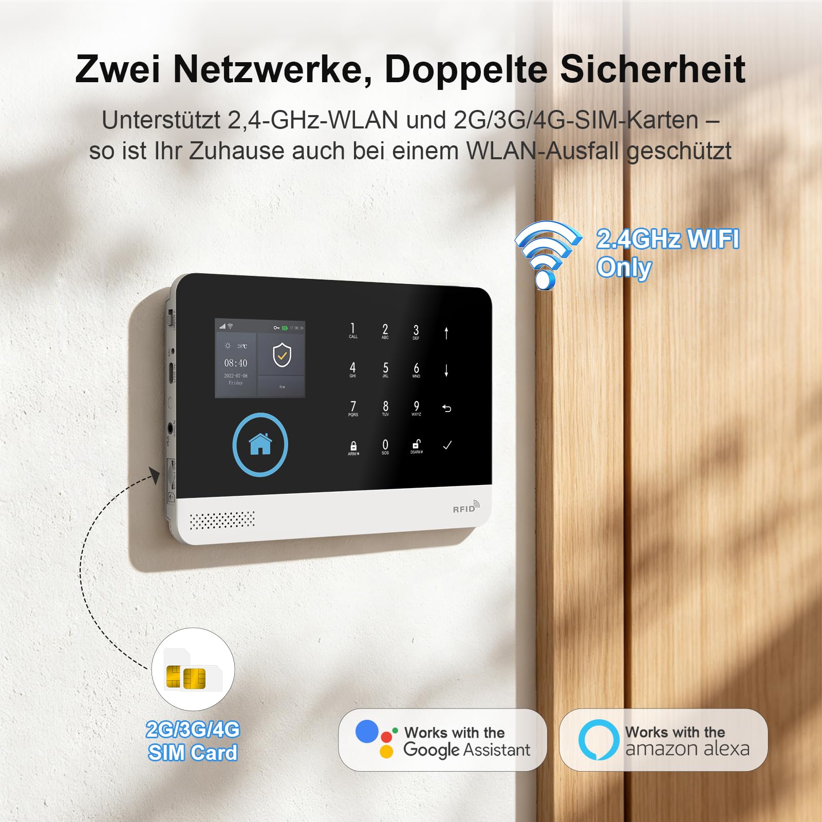4G/WLAN Alarmanlage Haus mit Außenkamera, Sicherheitssystem für Haus mit Sirene, PIR-Bewegungsmeldern, Fenster-/Türsensor, Fernbedienungen, Kompatibel mit Google Assistant (25 Stück)