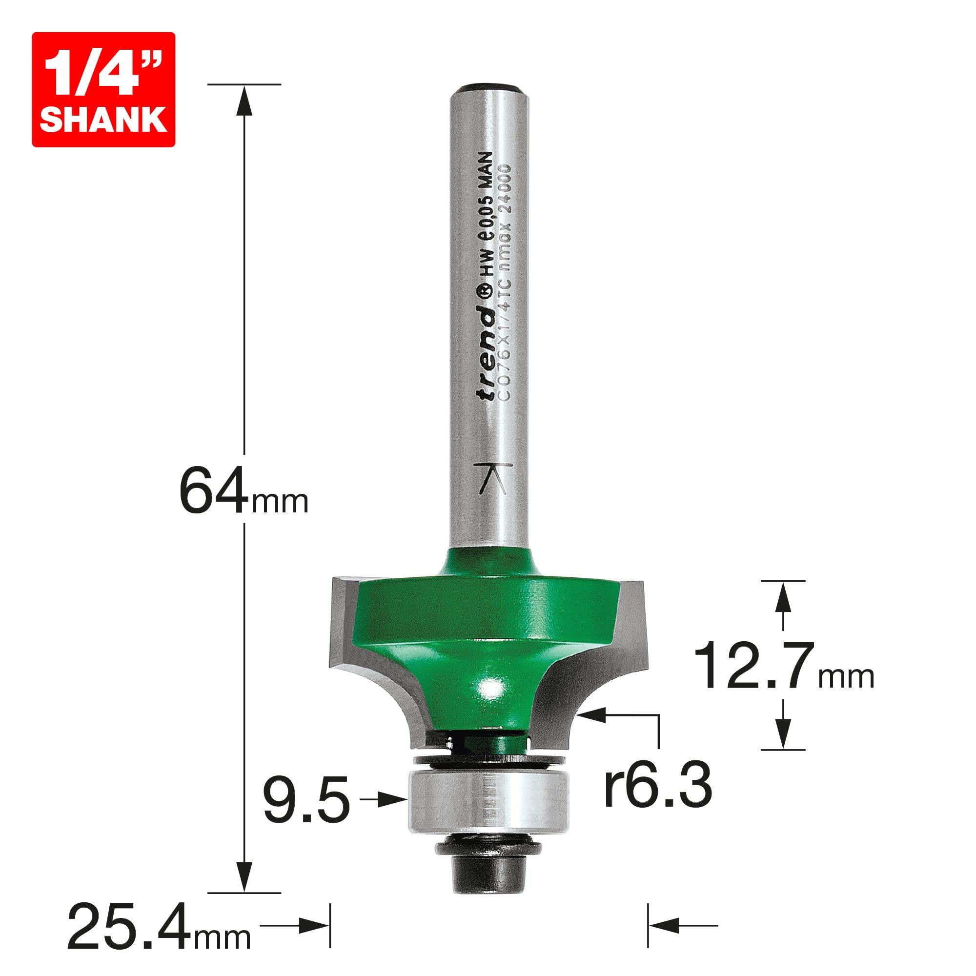 Trend CraftPro frez zaokrąglający z prowadzeniem łożyskowym do frezarki górnowrzecionowej, trzpień 1/4 cala, promień 6,3 mm, długość cięcia 12,7 mm, węglik spiekany (TCT), C076X1/4TC