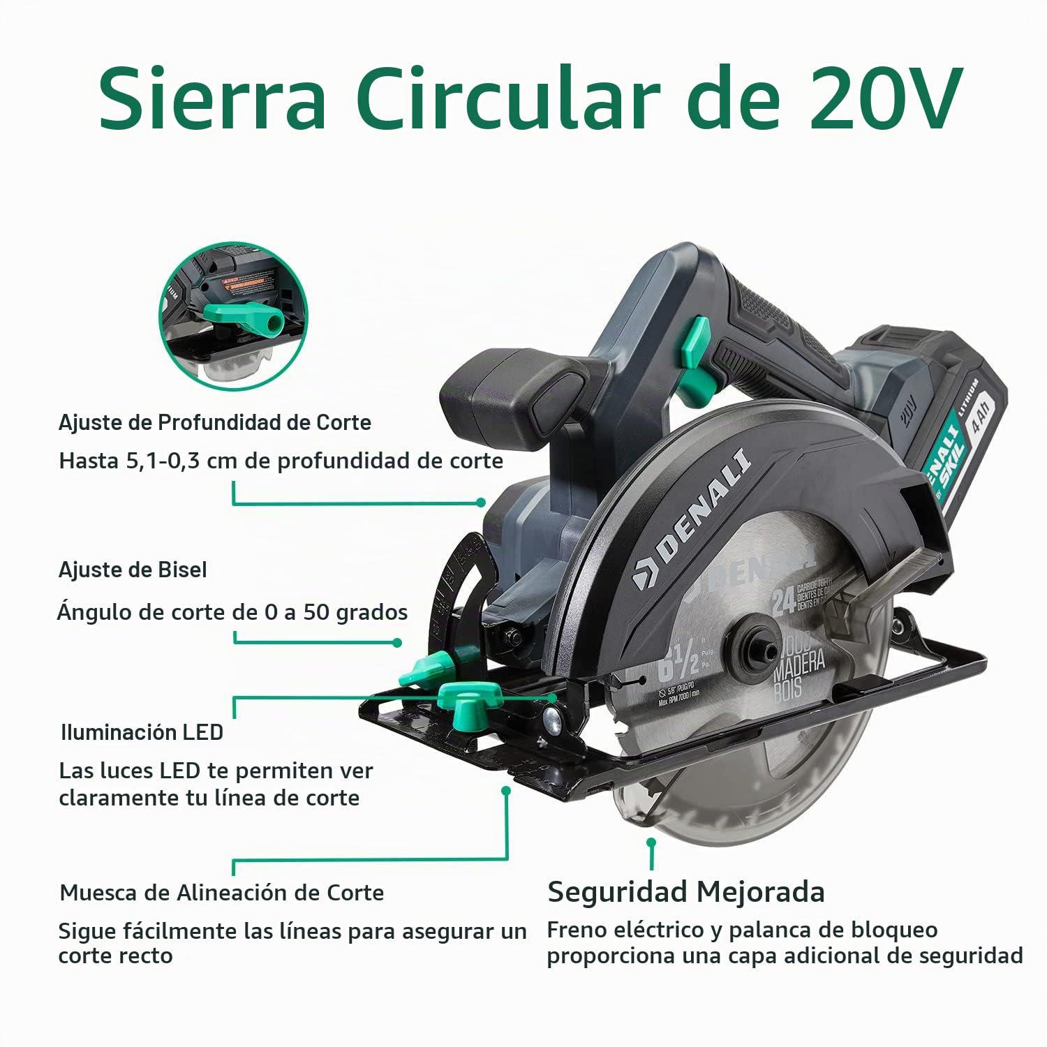 Marca Amazon - Denali by SKIL Juego de taladro de 18 V (20 V máx.), sierra de sable, sierra circular y luz reflectante, 2 baterías de litio de 2 Ah y cargador, Azul