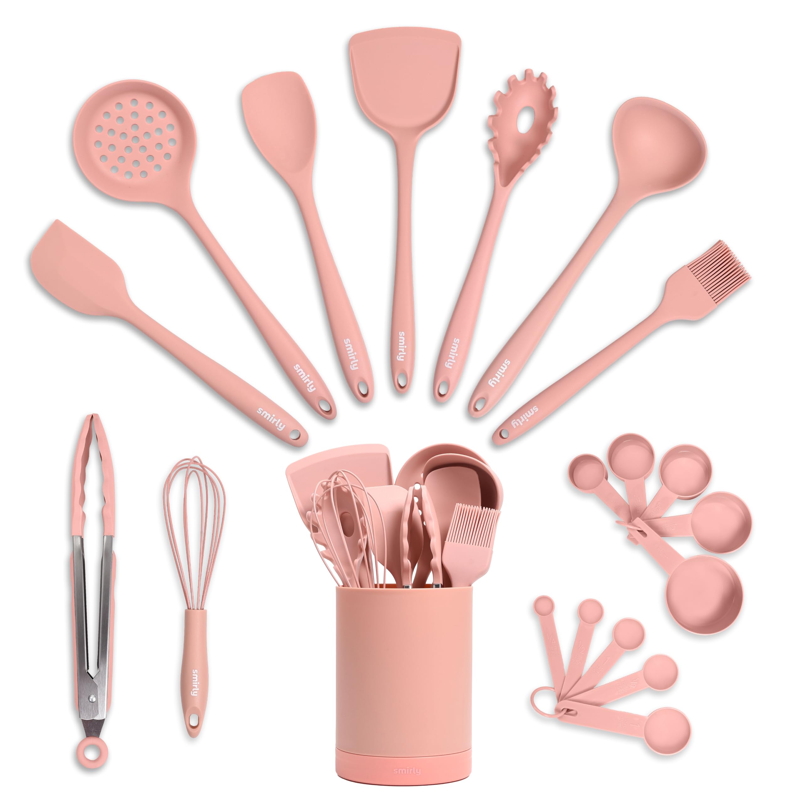 Silicone Kitchen Utensils Set & Holder: Cooking Utensils Set - Kitchen Essentials for New Home & 1st Apartment- Silicone Spatula Set, Cooking Spoons for Nonstick Cookware (Silicone, Pink)