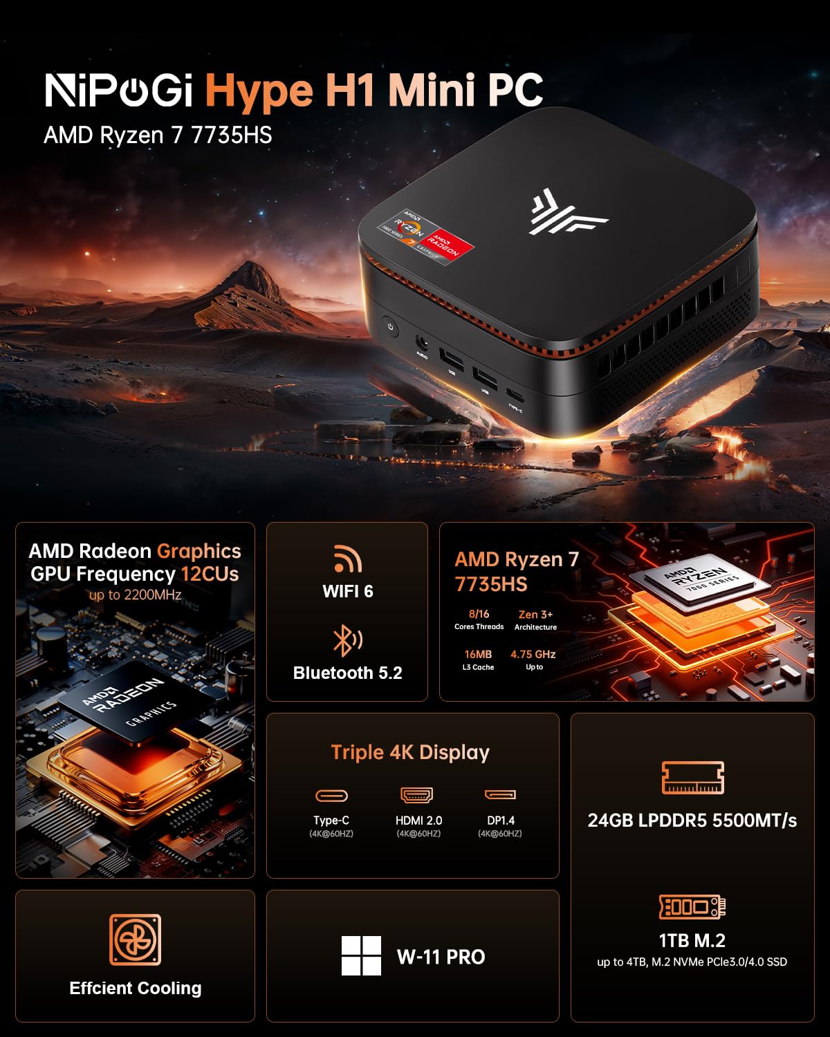 NiPoGi Hyper H1 Mini PC ΑΜD Ryzen 7 6800H(,8C/16T,hasta 4.7GHz) 32GB LPDDR5 4800MHz/1TB M.2 NVMe SSD W-11 Pro,HDMI 2.0+DP 2.0 Mini Ordenador de Sobremesa WiFi 6,BT5.2/RJ45,4K @60HZ UHD Triple Display