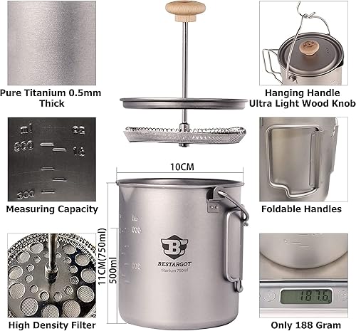 Miniatura 2 de Bestargot Olla de titanio de 25.4 fl oz, prensa francesa portátil | Maceta de camping ultraligera para café, cocina y supervivencia | Compatible con
