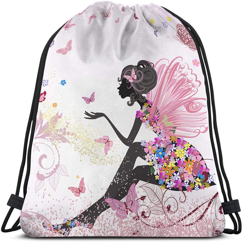 Beabes Flower Fairy Drawstring Bags Backpack Bag Beautiful Butterfly With Pink Wings Elves Wildfloral Leaves Sport Gym Sack Drawstring Bag String Bag