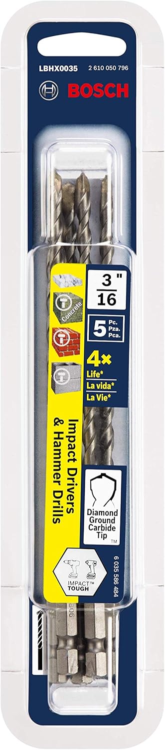 Bosch 5 pc. 3/16 in. X 6 in. Hex Shank Hammer Drill Masonry Bits LBHX0035