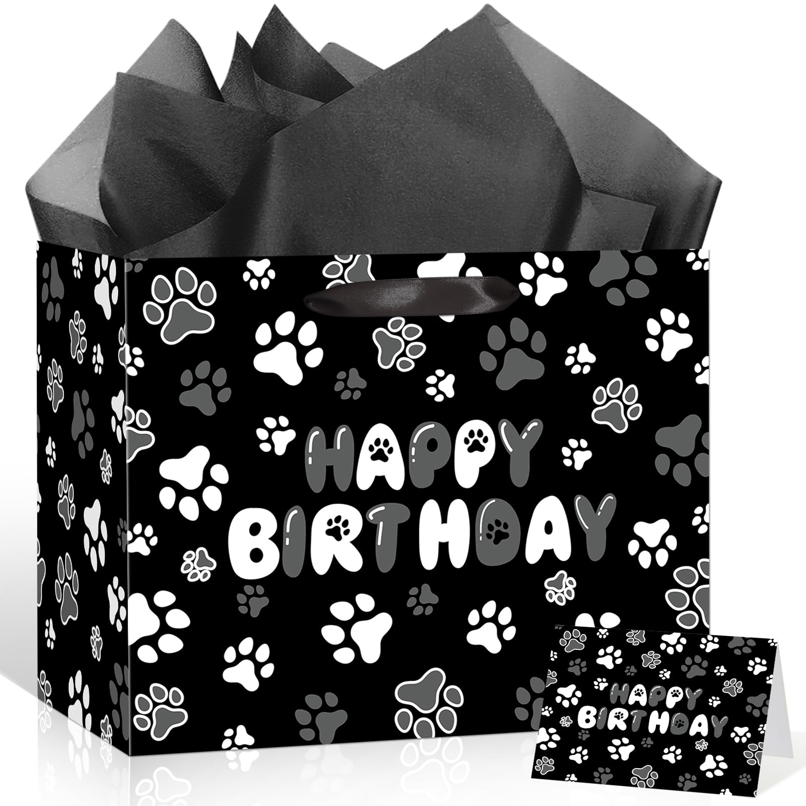 Black and White Dog Paw Gift Bag Paw Print Birthday Gift Bag Funny Pet Print Party Decoration with Tissue Paper Greeting Cards Pet Themed Wrapping Bags for Boys Girls Baby Shower Bday Party Favors