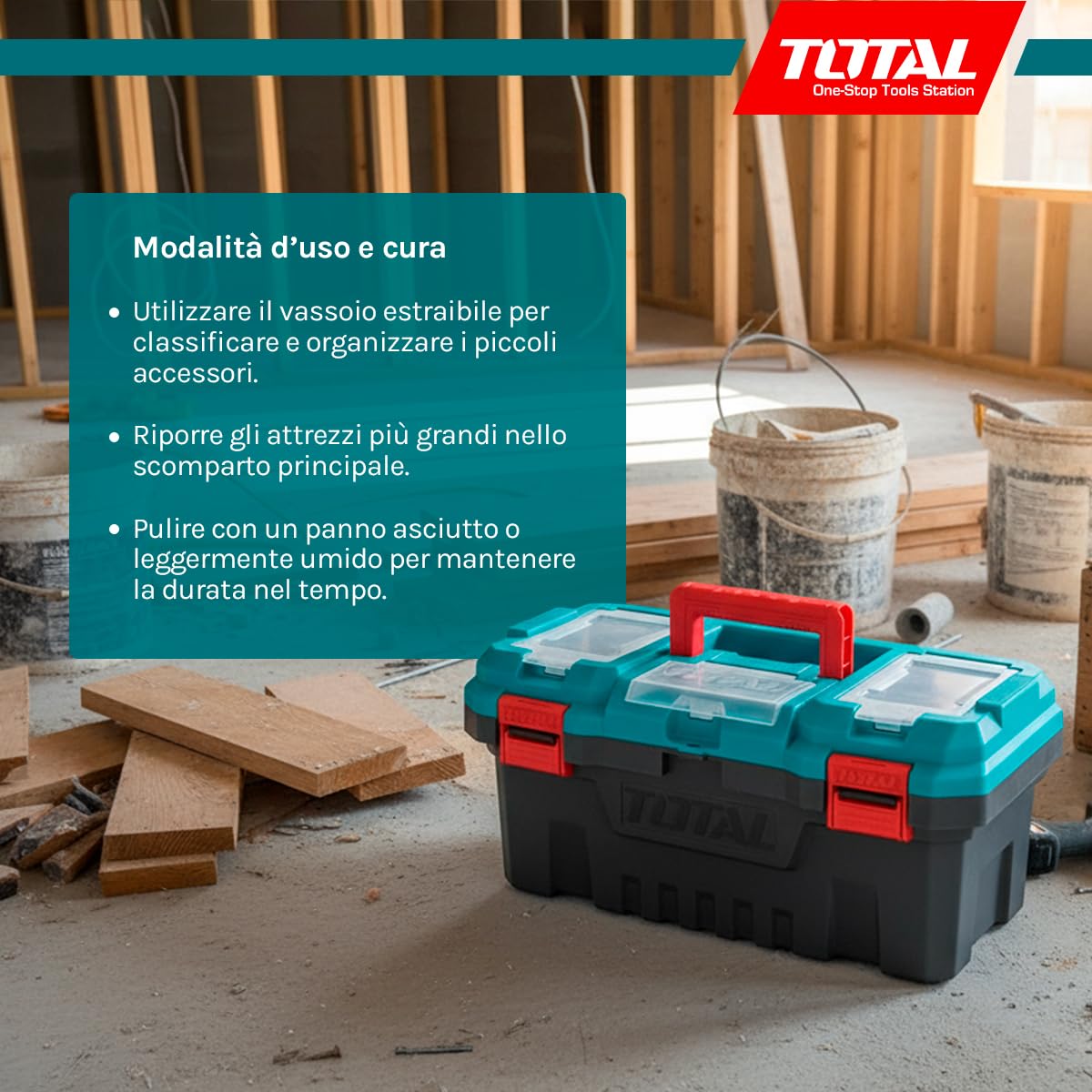 TOTAL - Organizer per Attrezzi 20 kg - Scatola in Plastica con Vassoio Estraibile e Coperchio Superiore - 3 Aree di Stoccaggio e Funzione Scala - Dimensioni 508x296x261 mm