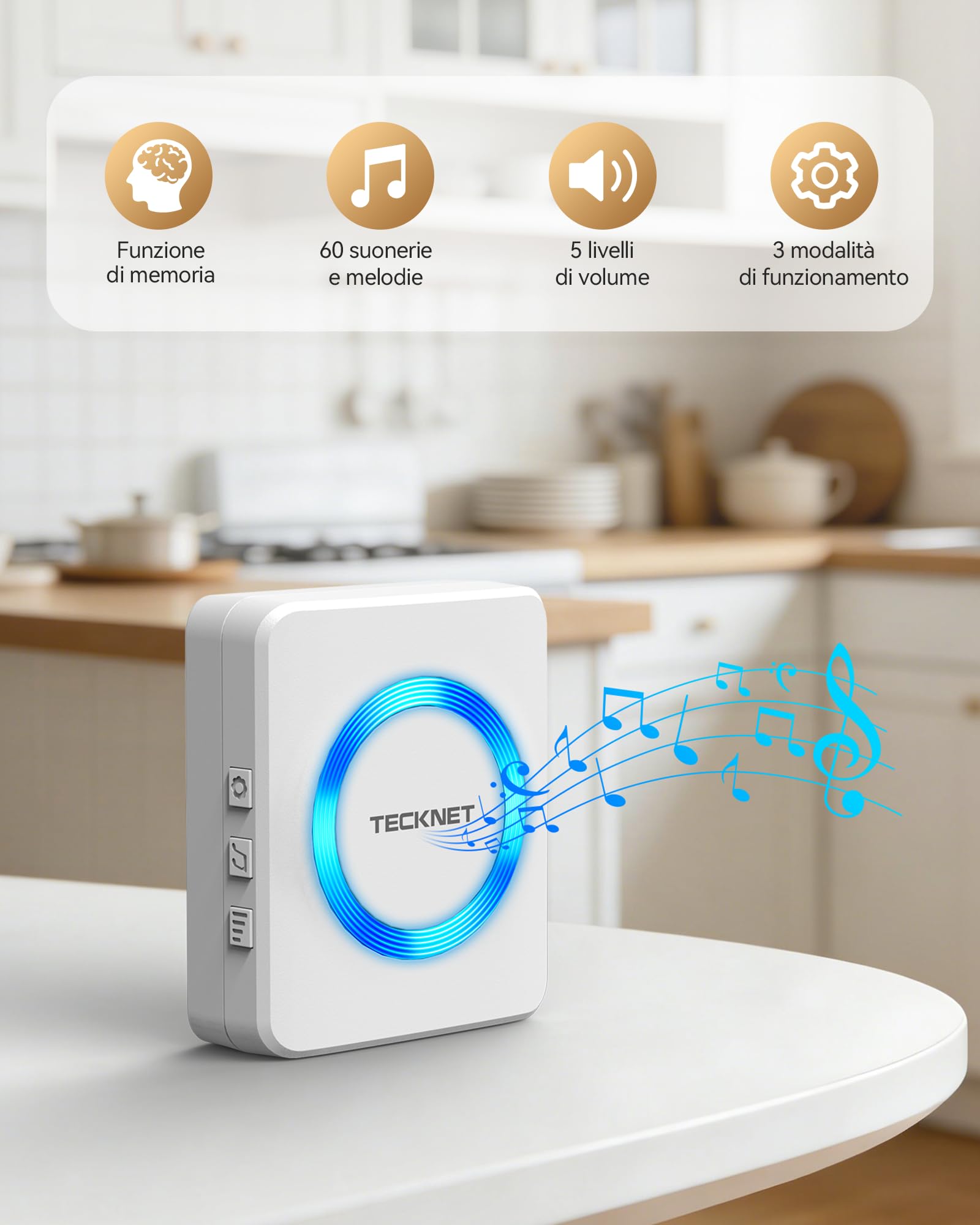 TECKNET Campanello radio alimentato a batteria, mini campanello wireless 400 m, IP65 per esterni, impermeabile, 5 livelli di volume, campanello e 60 melodie con indicatore LED