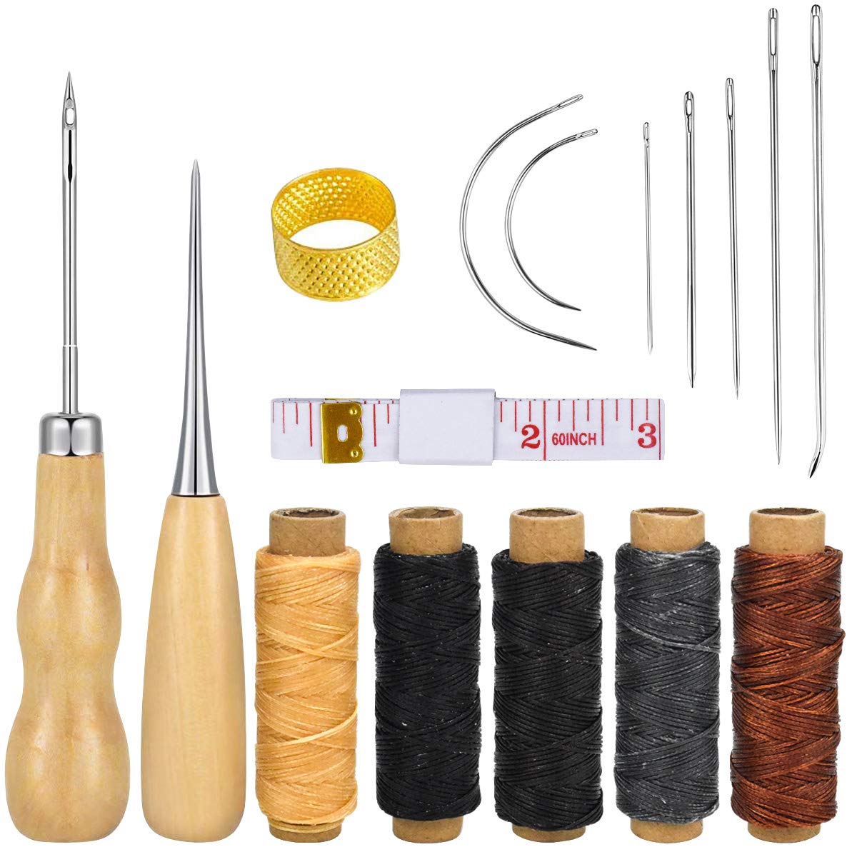 Leather Repair Kit 16pcs Upholstery Working Tools Kit, Hand Sewing Needles and Thread with Awl Thimble for Upholstery Carpet Leather Repair