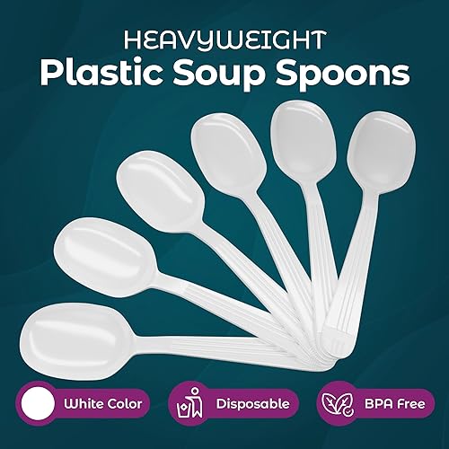 Vista 5 de Cucharas de sopa de plástico resistentes – Paquete de 500 cucharas desechables – Cubiertos para fiestas y eventos Cucharas de sopa blancas