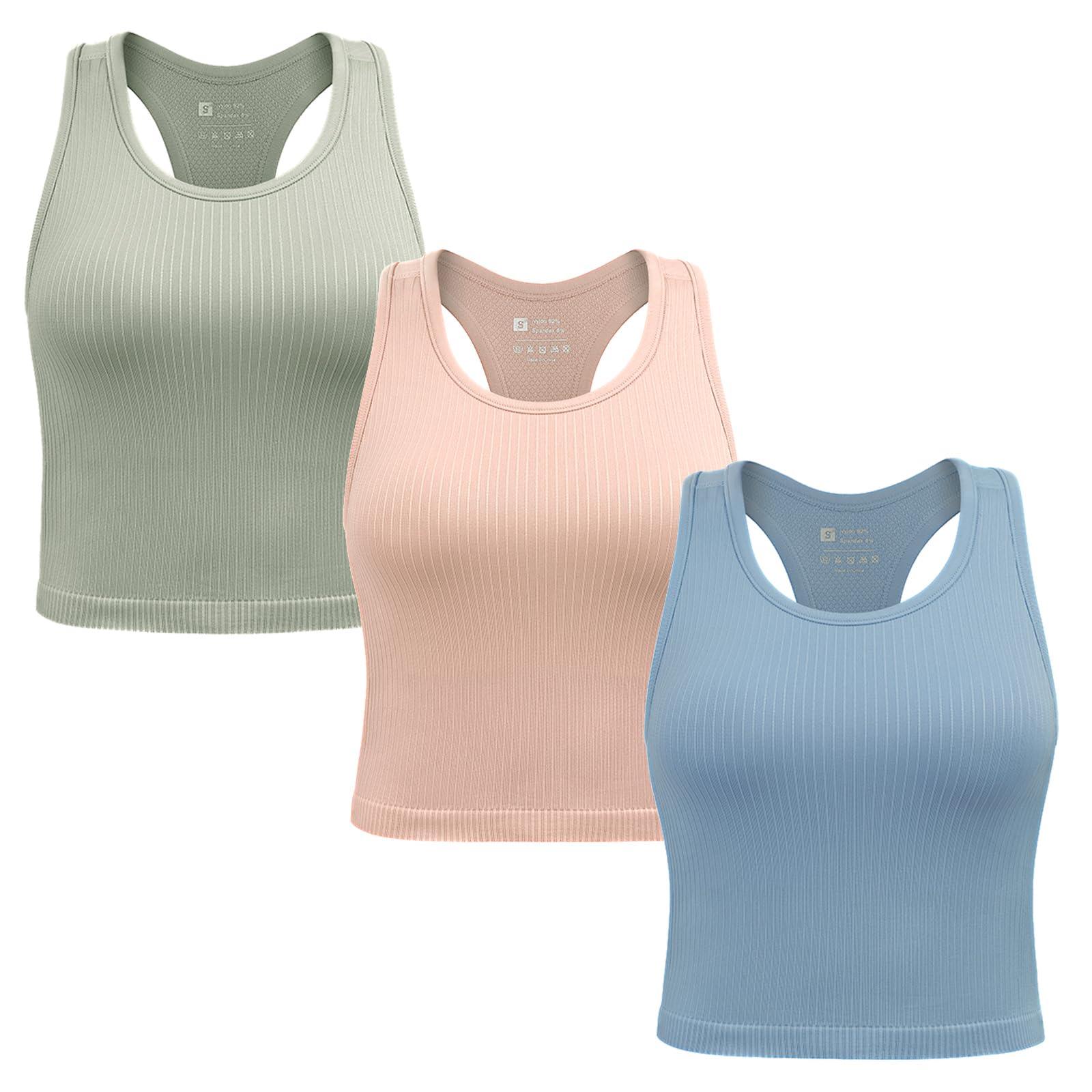 SPORME RUNNING 2/3/4er Damen Sport Tops mit integriertem BH Rippiertes Racerback Tank Top Nahtloser Atmungsaktiver Crop Top Camisole für Fitness, Yoga, Gym & Alltag