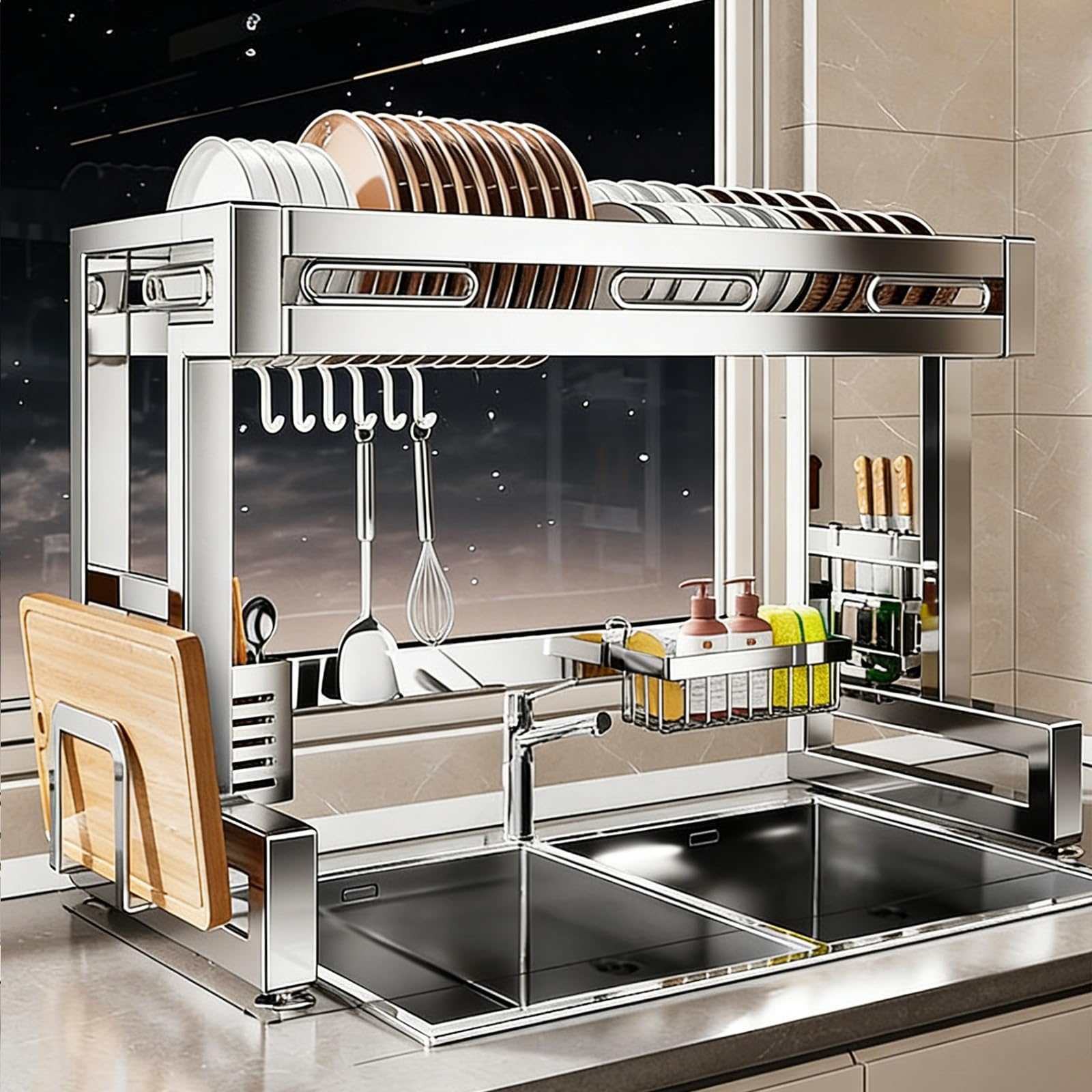 Escurridor de platos de acero inoxidable 304 para colocar sobre el fregadero, almacenamiento para encimera de cocina, ahorro de espacio para platos, vasos, cubiertos