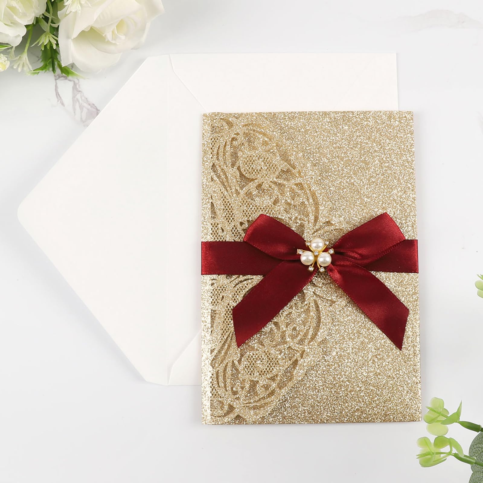 25 invitaciones de boda personalizadas en blanco con purpurina dorada cortadas con láser, con sobres y tarjetas Rsvp para boda, despedida de soltera, quinceañera, invitación de 15 años