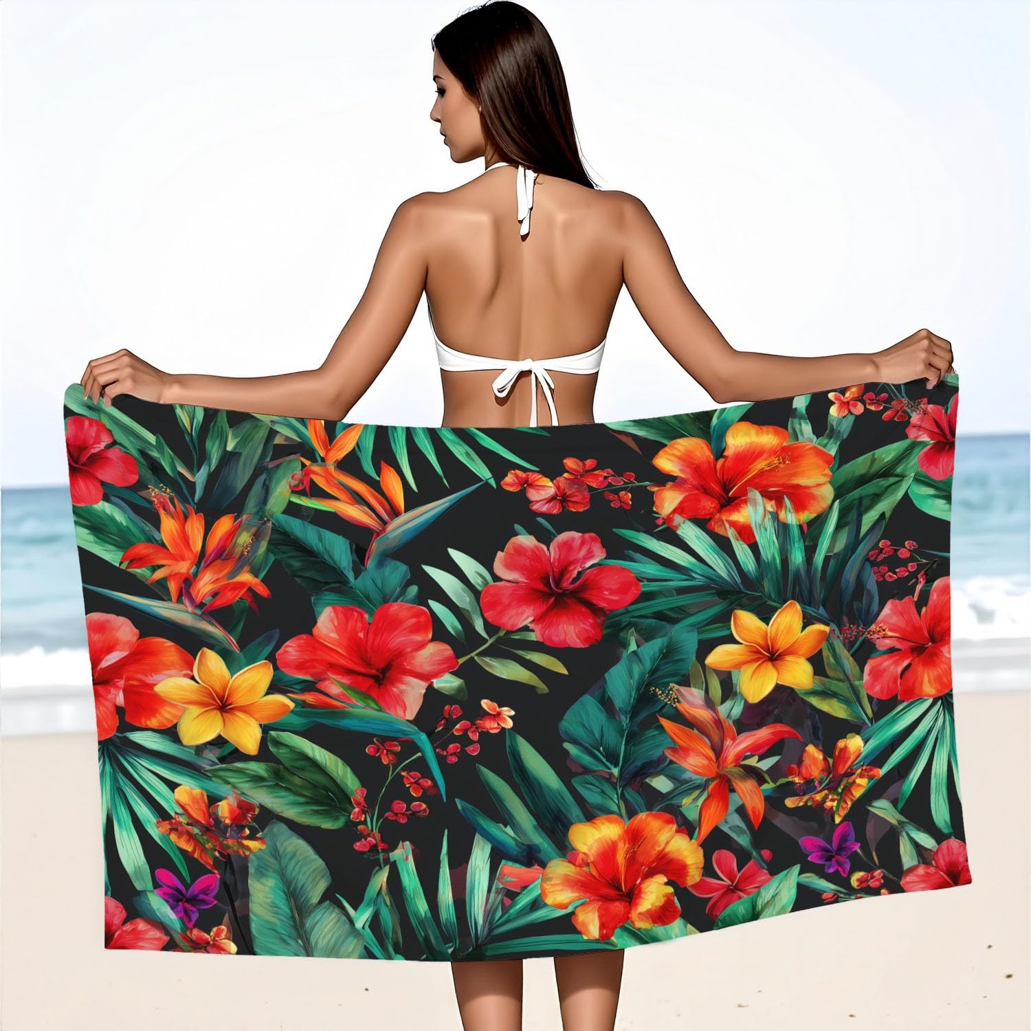 Tropische Dschungelblumen Retro Laub Strandtuch 230 x 210 cm – Saugfähiges Schnell trocknendes Strandtuch Regenwald Urlaub Reich Ornamental Botanisch für Campen, Picknick, Ausflüge