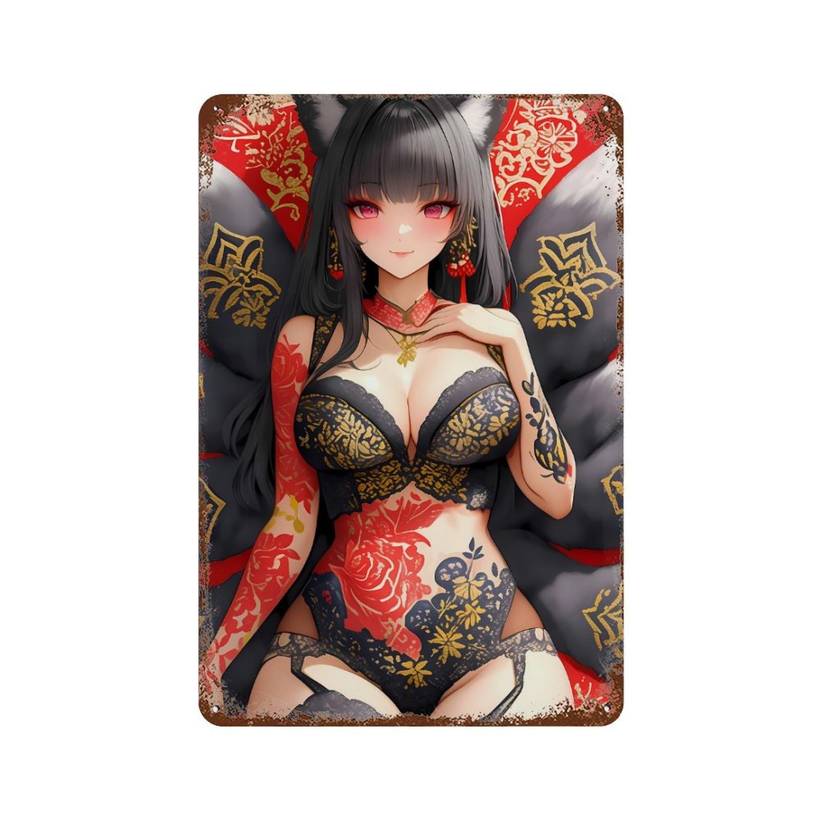 Kitsune Girl in Lace Anime Girl Waifu Gaming Vintage Rust Metal Sign 11.8"x7.9", for Garage, Bar And Workshop Decor, Decorative Metal Wall Art