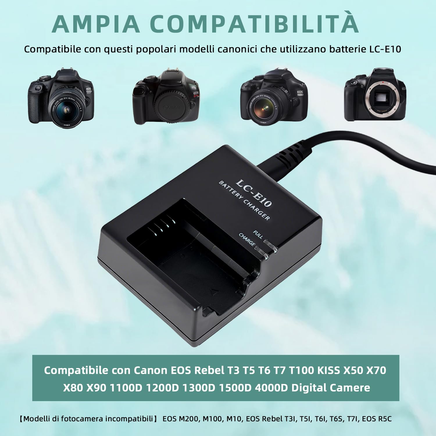 LC-E10 LC-E10C Caricabatterie per batteria per fotocamera Applies to LP-E10 batterie compatibile con Canon EOS Rebel T3 T5 T6 T7 T100 Kiss X50 X70 X80 X90 1100D 1200D 1300D 1500D 4000D fotoc