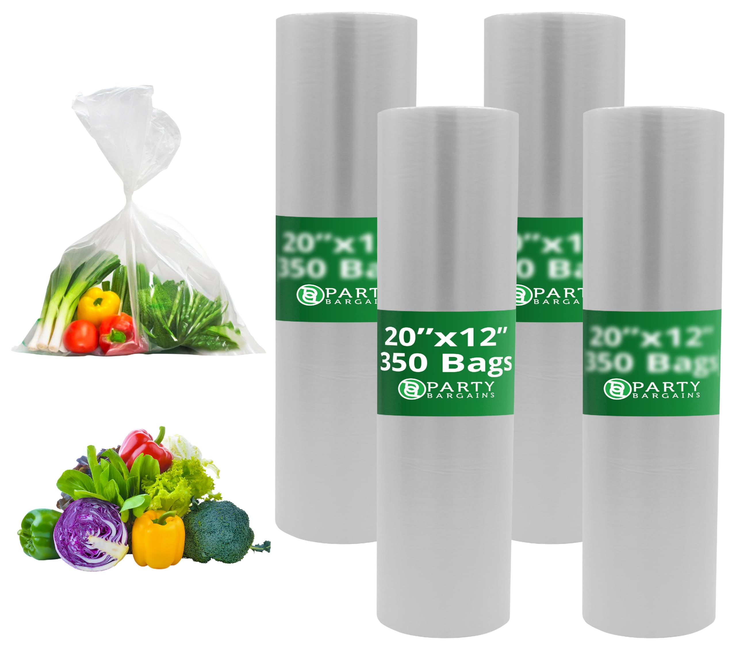 PARTY BARGAINS 20 x 12 Inch Clear Plastic Produce Bags on a Roll, 1400 Count – Food-Grade Polyethylene Grocery Bags for Fruits, Vegetables, Bread &