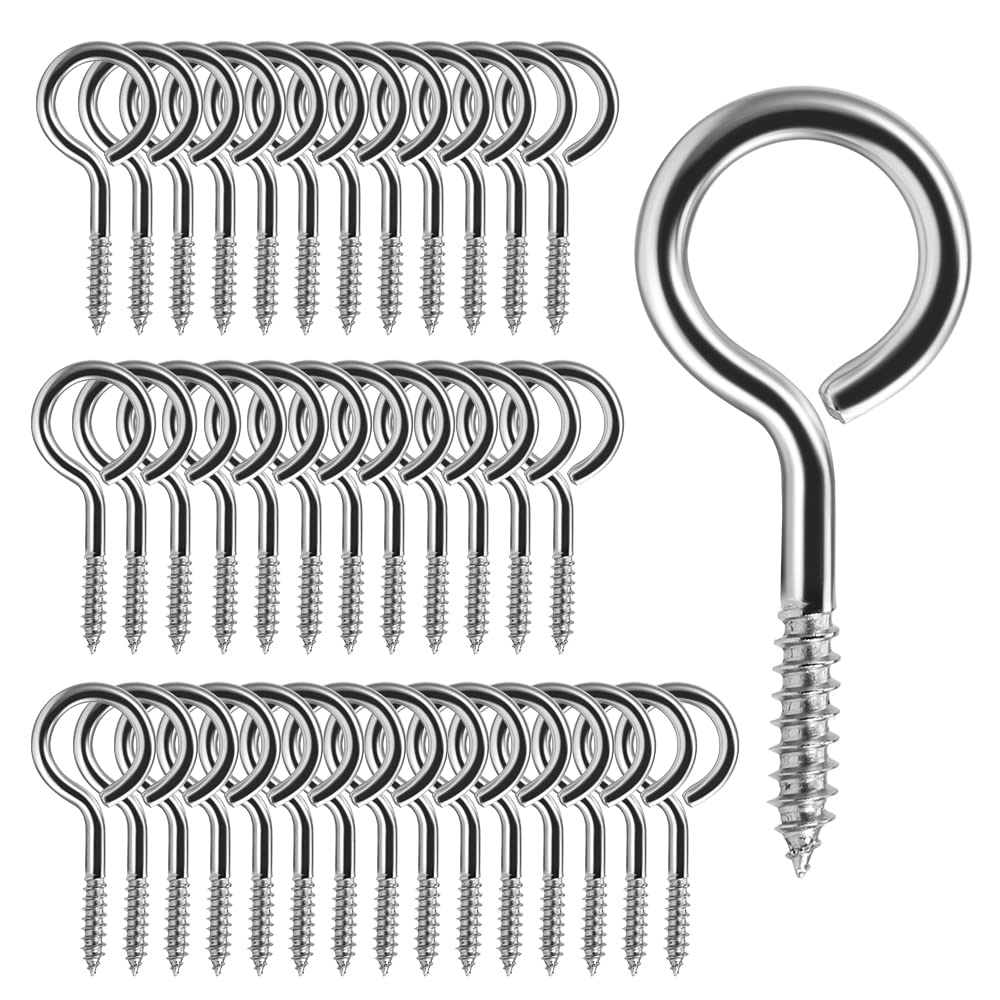 2.6inch Screw Eyes Heavy Duty Screws Eye Bolts Stainless Steel Eye Hooks Self Tapping Eyelet Screw for Wood Indoor & Outdoor Use(Sliver 40PCS)