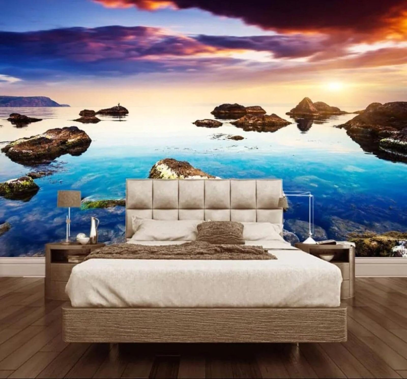 Xlming 300Cm×210Cm(B×H) Gorgeous Sunset Sea Seascape Boulders 3D Wallpaper Premium Textured Silk Study Dining Living Room Bedroom Sofa Tv Wall Easy Install-300Cm×210Cm