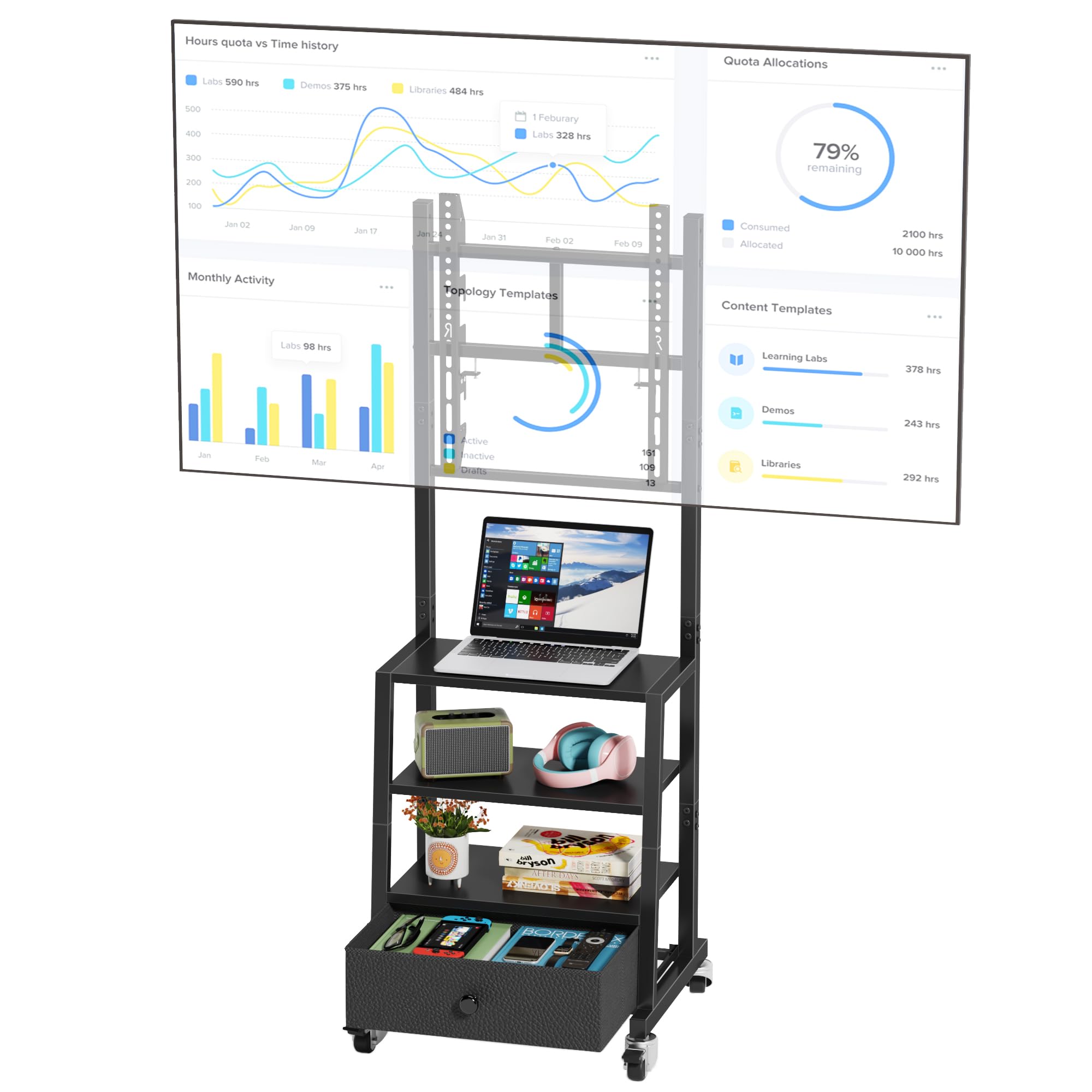 Support TV sur Pieds Support TV roulettes 32-60" VESA 400x400, Noir | Tiroir Tissu, Rangement Étagère, Hauteur Réglable, Charge 40kg, Facile à Assembler, Salon/Chambre/Bureau