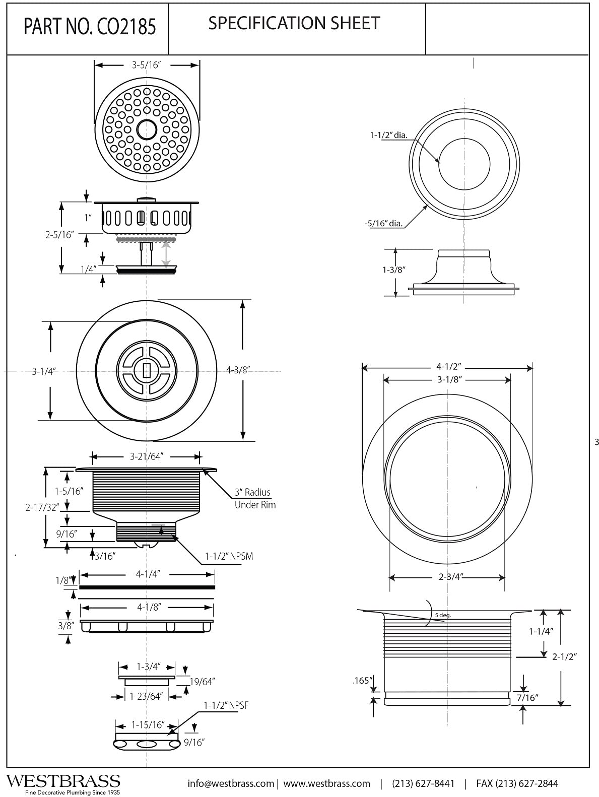 Westbrass CO2185-20 Combo Pack 3-1/2 "Post Style Large Kitchen Sink Basket Filtro e scarico rifiuti Flangia con Stopper, Acciaio Inox
