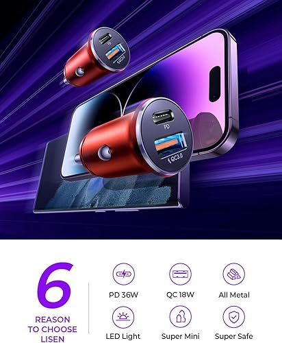 Miniatura 19 de LISEN Adaptador de encendedor de cigarrillos de 54 W, cargador de coche USB C de carga rápida, cargador de coche USB de 12 V, adaptador de carga