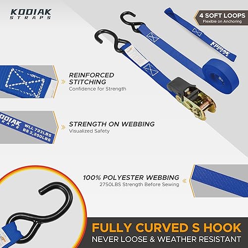Vista 17 de KODIAK STRAPS Juego de correas de trinquete resistentes con 2200 correas de amarre de resistencia a la rotura, 1 pulgada x 17 pies, paquete de 4