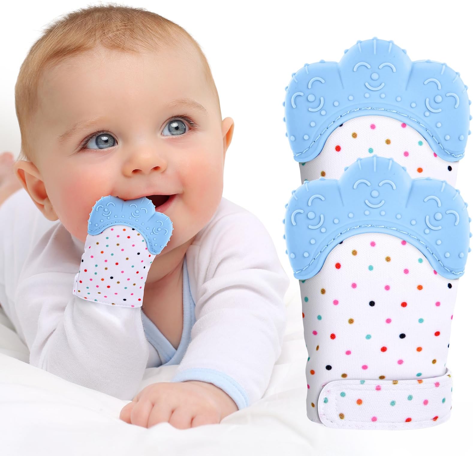 2Pack Silicone Teething Mitt, Soothing Infant Teething Mitten Pain Relief, Prevent Scratches Glove, Safe Silicone Teething Toys for 0-12 Months Blue