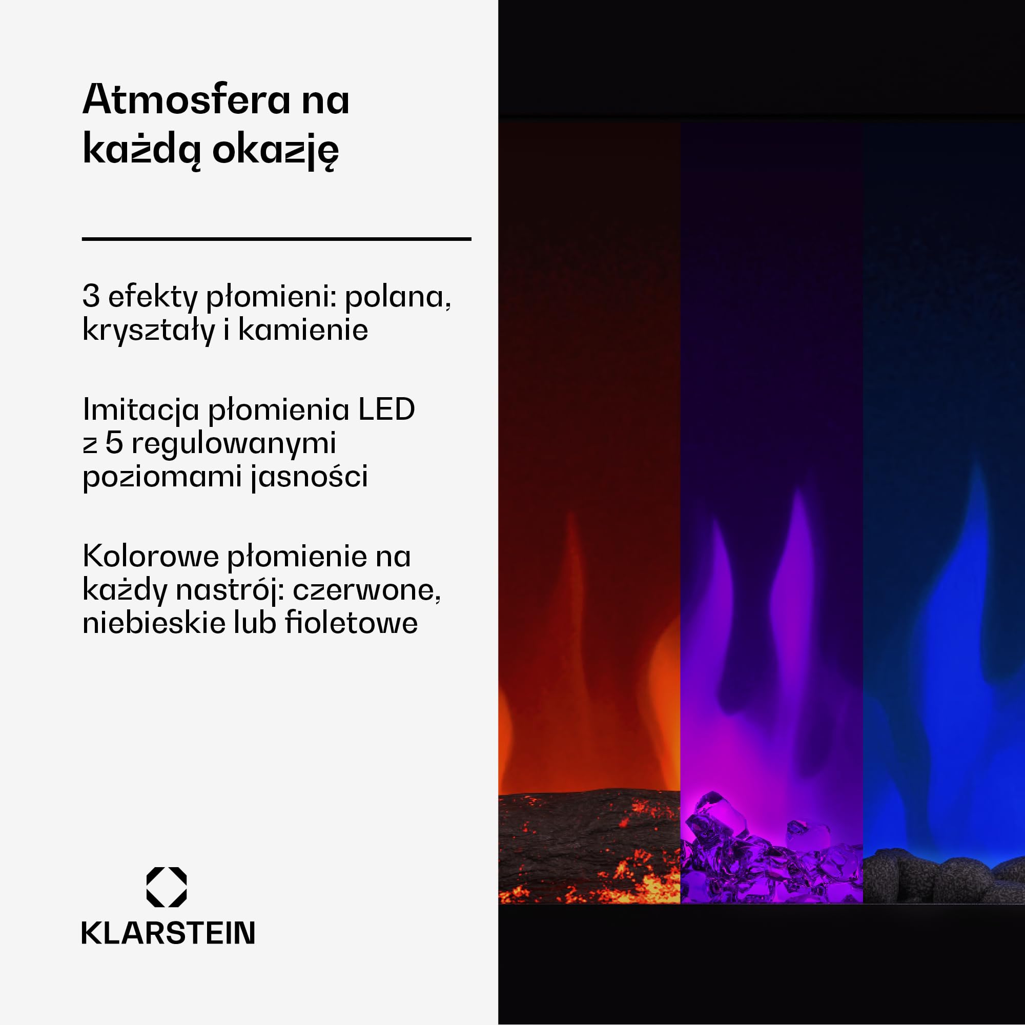 Klarstein Galeras Smart Kominek elektryczny - Moc grzewcza 1800 W, Realistyczne płomienie LED, Aplikacja i pilot, Regulowane kolory i jasność, Kominek ścienny elektryczny