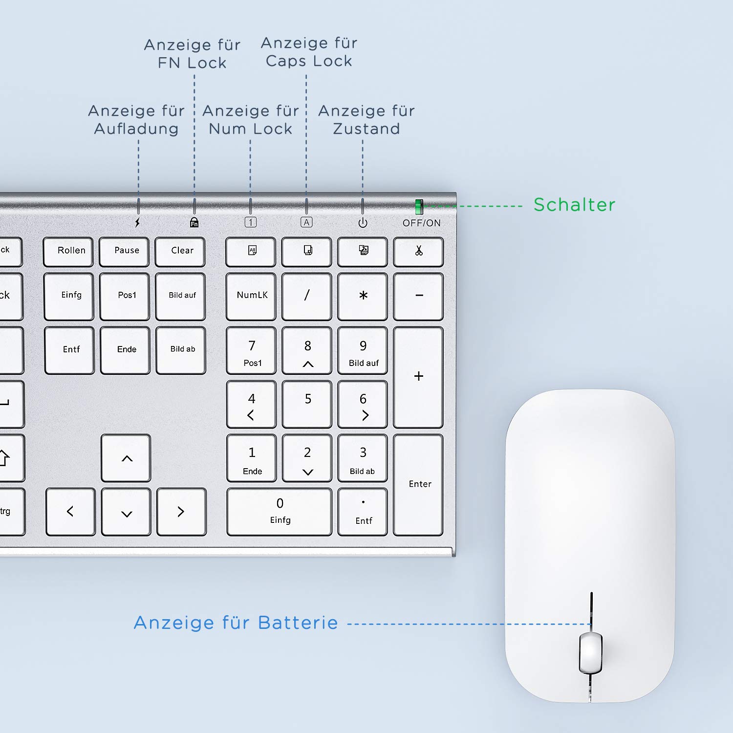 seenda Kabelloses Tastatur Maus Set, 2.4G Ultraflach Wireless Tastatur und Maus Aufladbar aus Aluminium, Deutsch QWERTZ, Weiß Silber