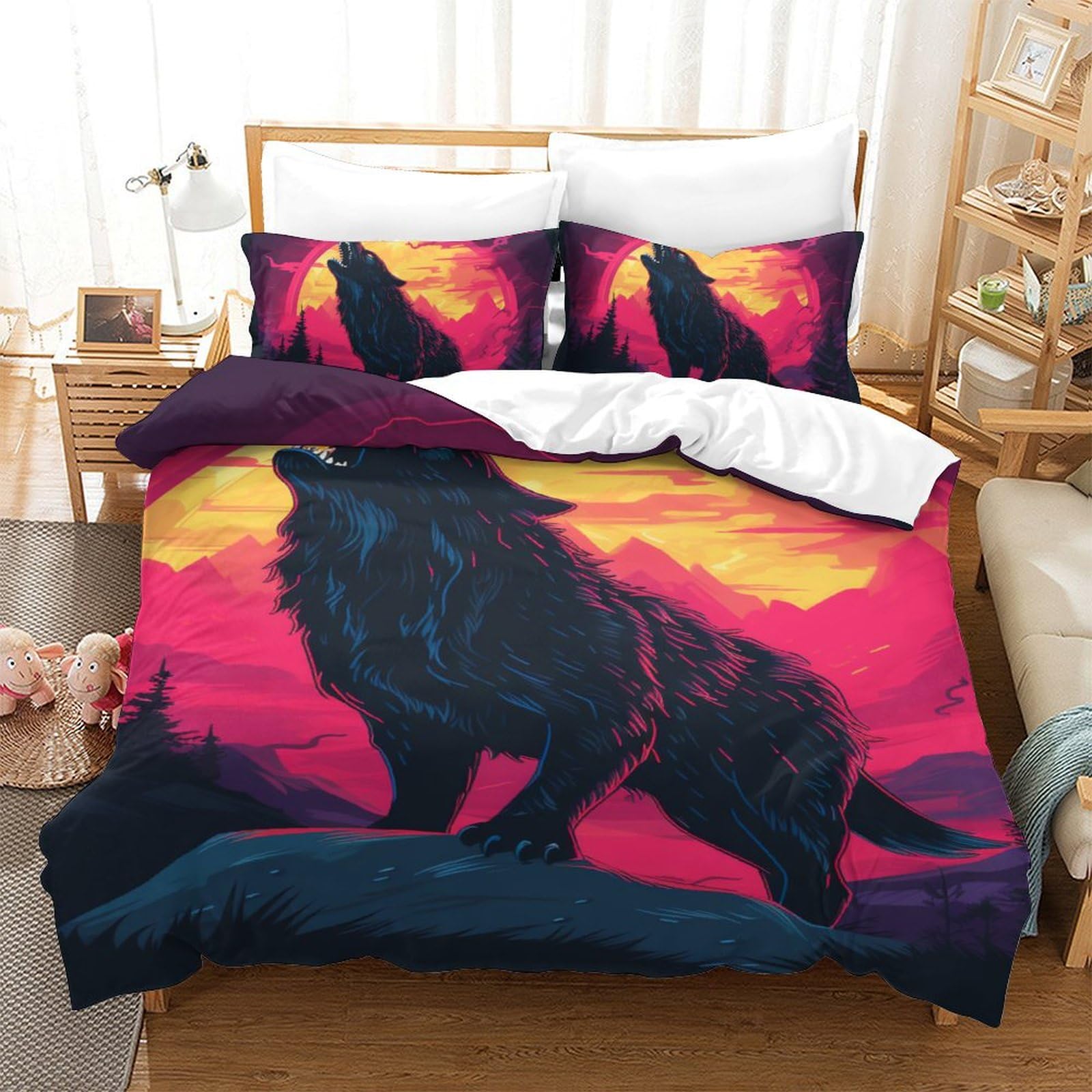 Parure de lit loup 140 x 200 cm housse de couette microfine avec taies d'oreiller ado