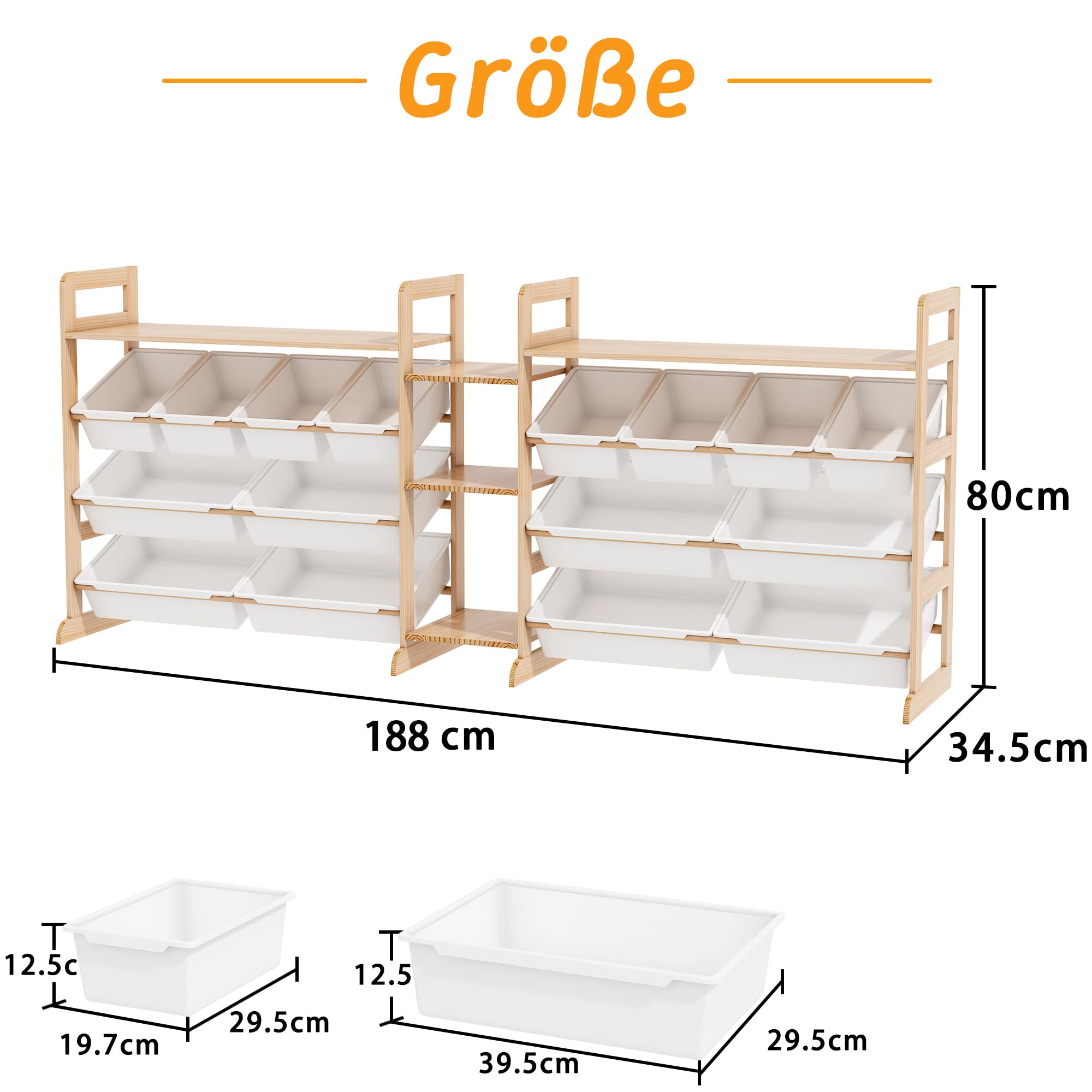 188cm Breit Spielzeug-Organizer Holz mit 16 Spielzeug Organizer, Bücherregal Kinder Holz, Regal für Kinderzimmer Leseecke, Kinder Aufbewahrungsbox für Schlafzimmer, Kinderzimmer, Arbeitszimmer