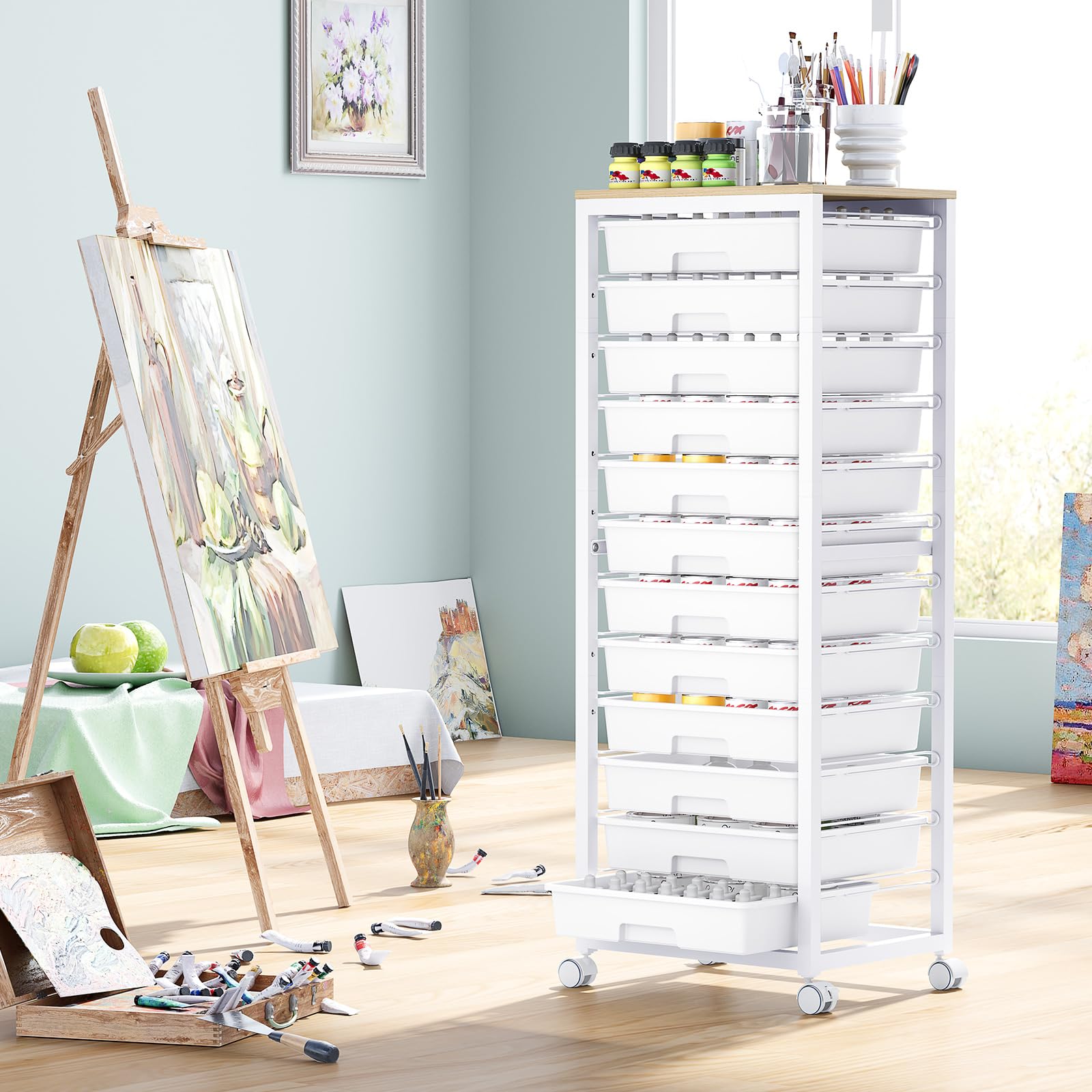 SYKIARIOL Chariot à roulettes avec 12 tiroirs - Chariot de bricolage mobile avec plateau en bois, idéal pour l'organisation à la maison et au bureau (blanc)