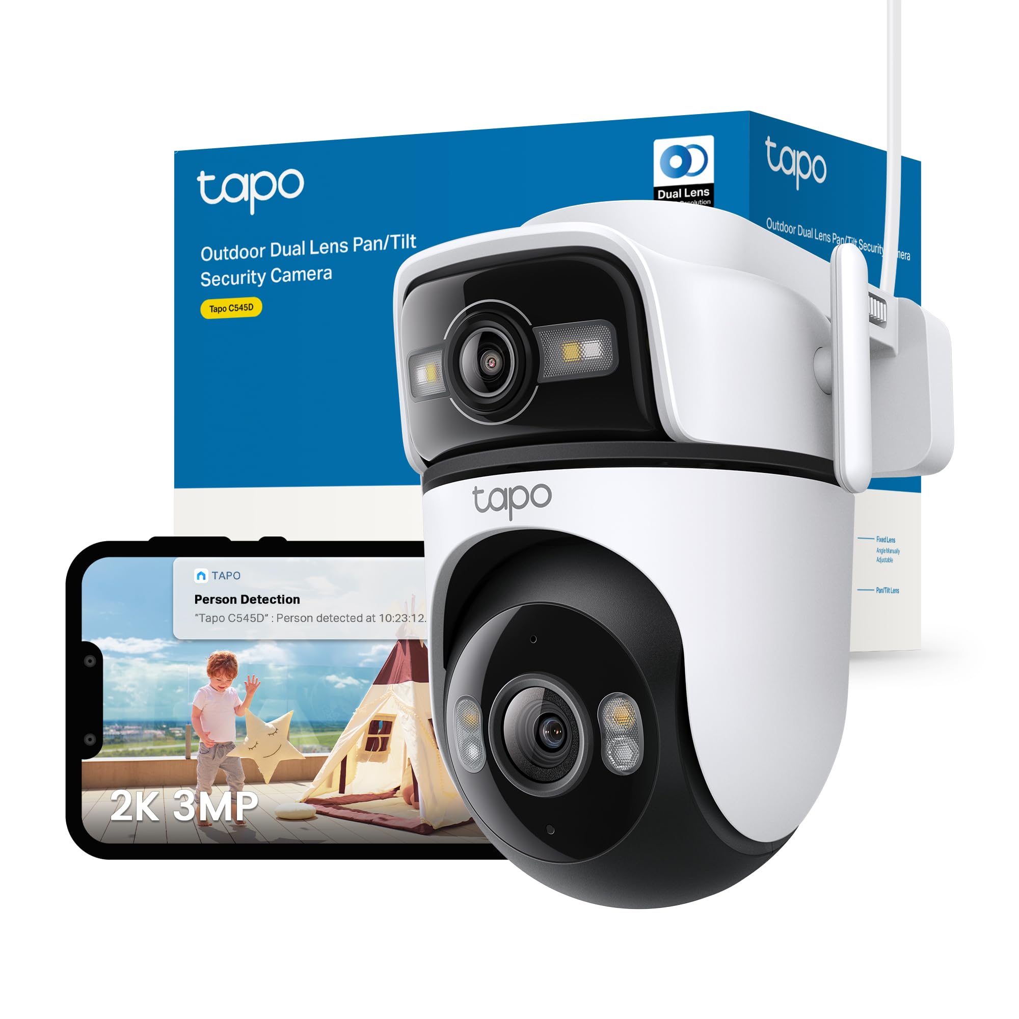 Tapo C545D Outdoor Security Camera, Dual Lens 2K 3MP CCTV Camera with Pan/Tilt, Smart Tracking, Wide-Angle & Telephoto Lens, Colour Night Vision, AI Detection, IP66 WiFi Camera, Alexa & Google Home