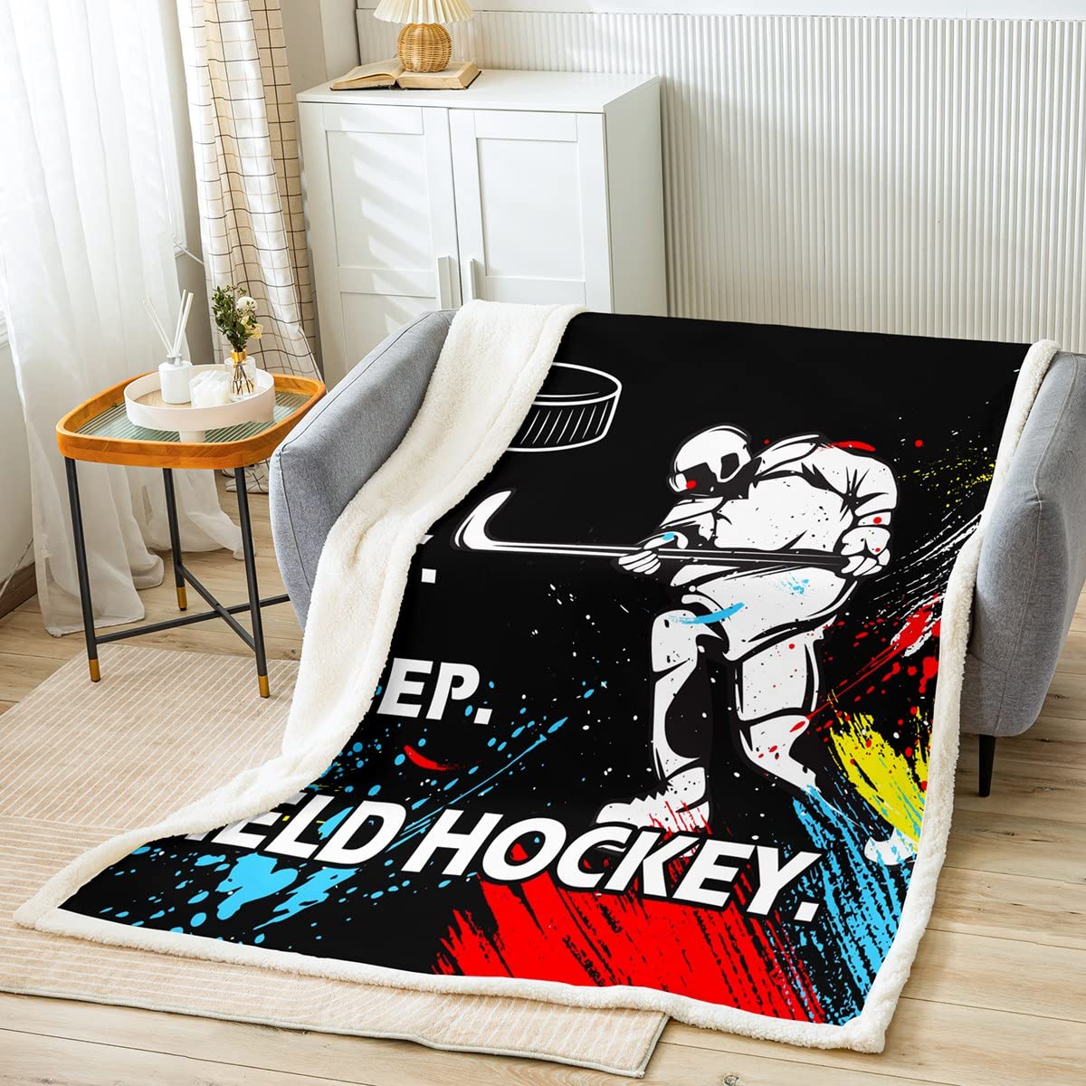 Loussiesd Ice hockey Fleece Throw Blanket for Bed Sofa Hockey Player Plush Blanket Eat Sleep Field hockey Sherpa Blanket Gaming Sports Fuzzy Blanket Baby 30x40 Inch — image 1