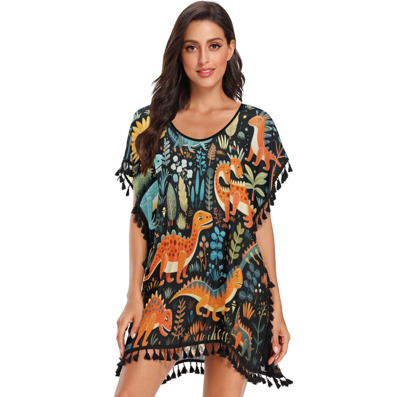 Black Dinosaurs Tree Art Women's Beach Cover Up Chiffon Tassel Swimwear Swimsuit Coverups for Girl
